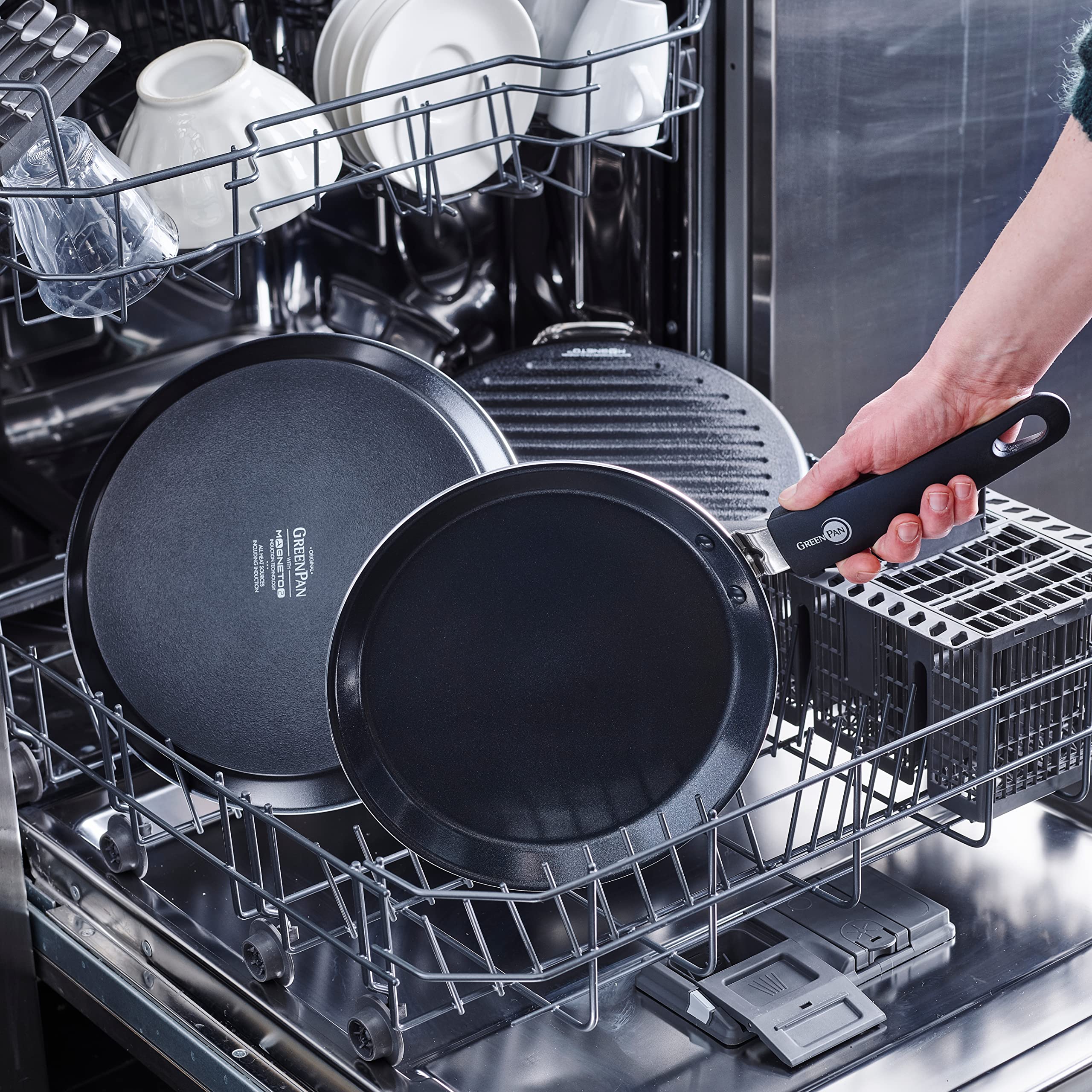 GreenPan Essentials Runde Grillpfanne (28 cm), gesunde keramische Antihaftbeschichtung, PFAS-frei, induktionsgeeignet, Spülmaschinengeeignet, Schwarz