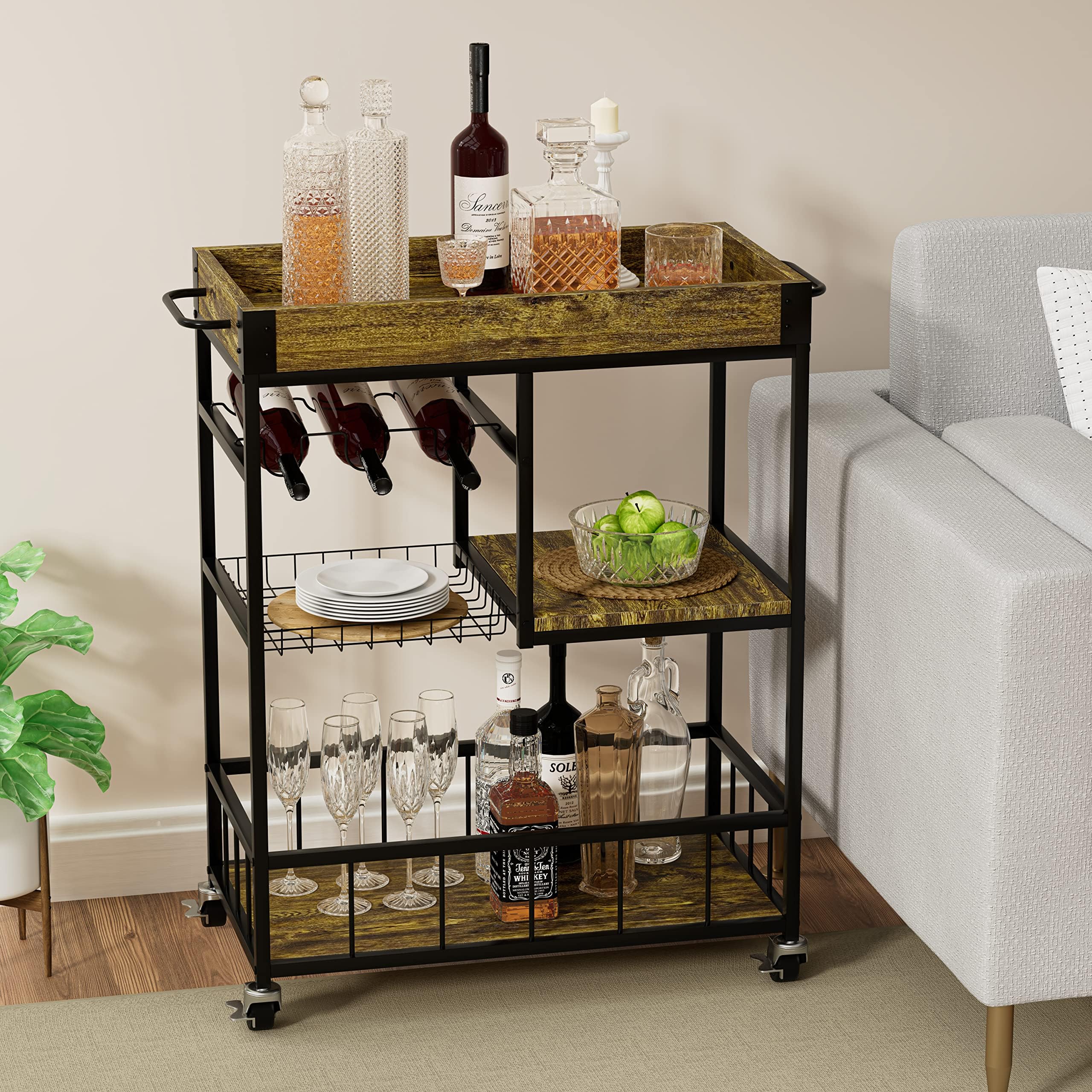 Huhote Carrito de servir, carrito de cocina con estante para vino, carrito de bar, carrito de bebidas, carrito con ruedas, carrito de vino para comedor, cocina, salón, bar, fiesta, marrón grano de