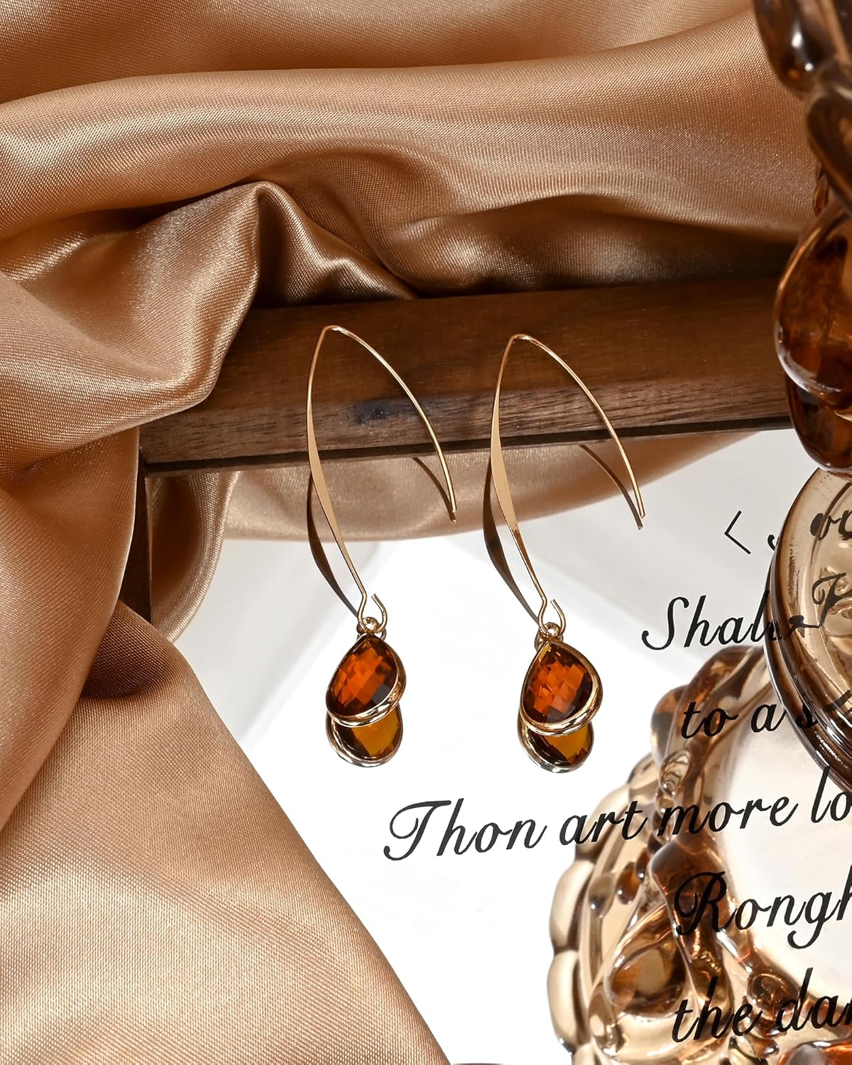 Long 14K Gold Plated Brown Teardrop Stone Dangle and Drop Vintage Earrings Crystal Lightweight Earrings for Women - Image 5