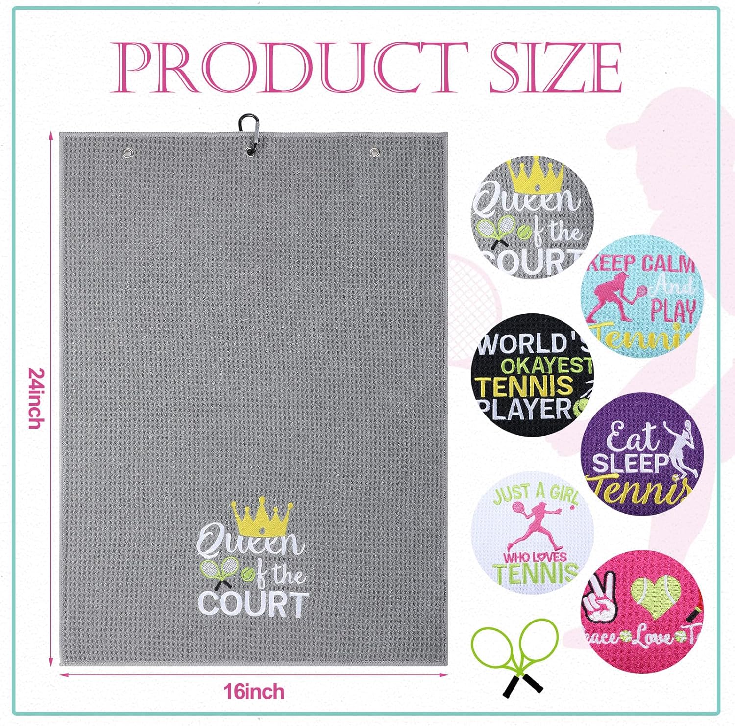 VitalCozy 6 Pcs Soft Tennis Towel for Sweat, Tennis Accessory Gift for Women, Embroidered Towels with Clip, Sports Court Player Lover Adult - Image 2