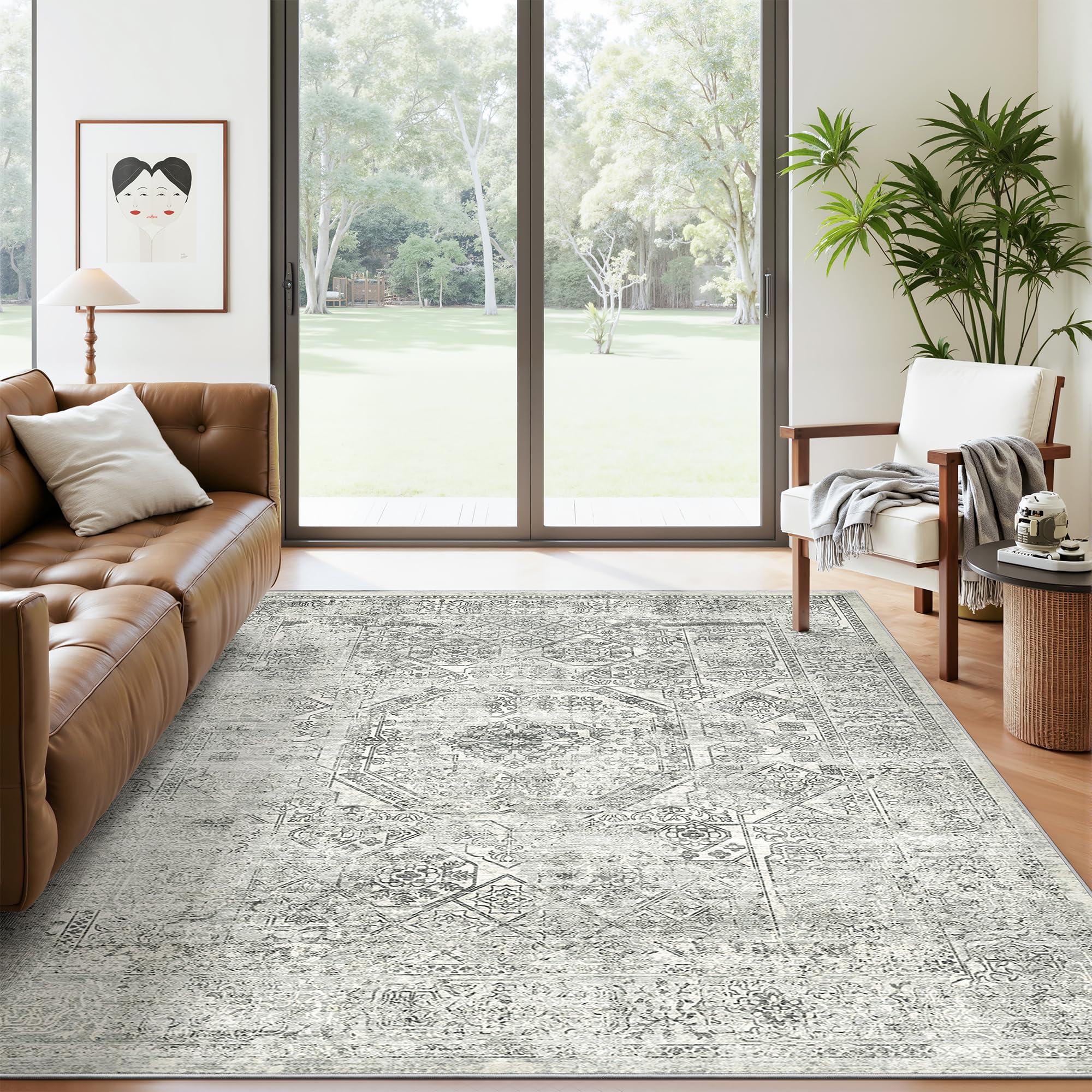 Soalmost 5x7 Area Rugs Light Gray Washable Trendy Faded Style Floral Rugs | Vintage Non-Slip Indoor Accent for Bedroom Dining, Foldable Stain Resistant Floor Carpet Mat Under Table Home Office Decor
