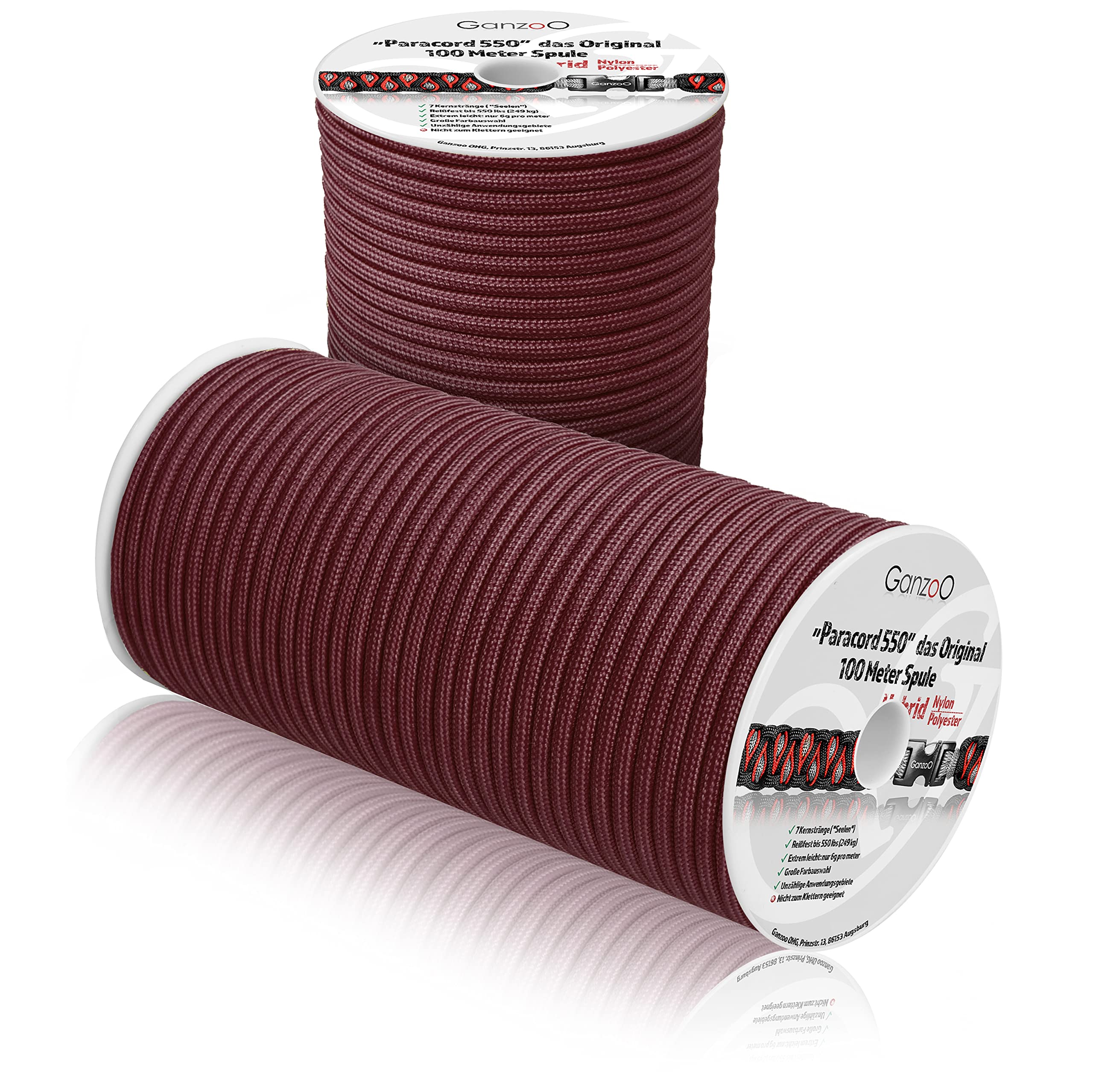 Ganzoo Paracord 550 Tipo 3 4 mm Merlot, Cuerda híbrida Nylon poliéster 100 m, construcción 32 hebras en Funda y 7 Hilos en el núcleo, para Pulseras, Cordaje Outdoor, amarres, Collar y Correa Canina