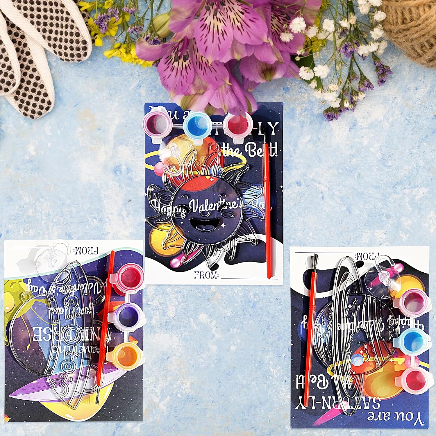 Ayhuhra 30 Sets Valentine Card with Outer Space Suncatchers Craft Kits DIY Planet Solar System Window Art Suncatchers Planet Galaxy Sun Catchers for Valentine's Day Art Craft Gift Exchange (Space)