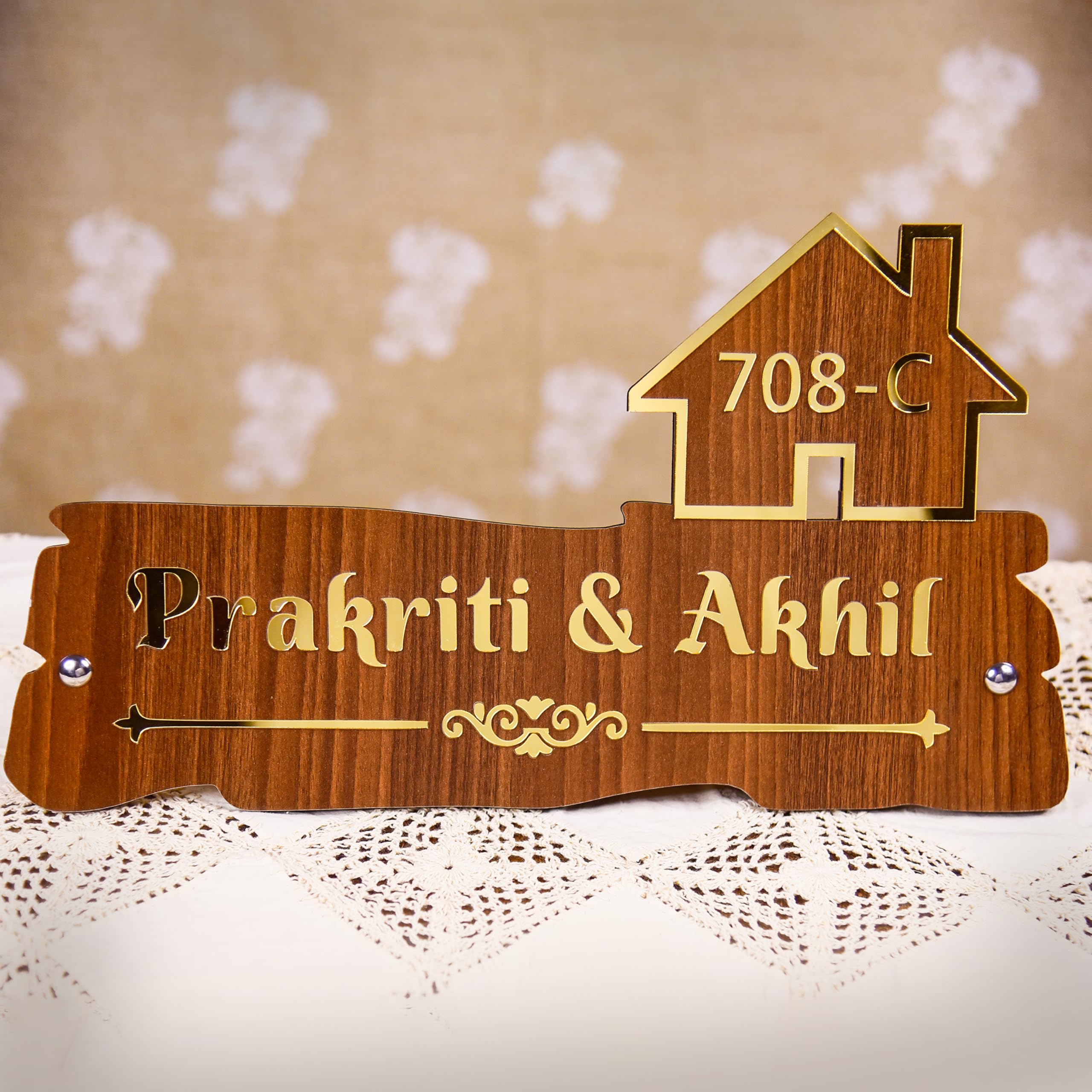 Name Plate for Home Entrance Outdoor Personalized Mirror Gold Waterproof Acrylic Letters with Wooden Board 35x15cm Classic House Office Flat Door Address Sign Board by THE HOUSE TAG