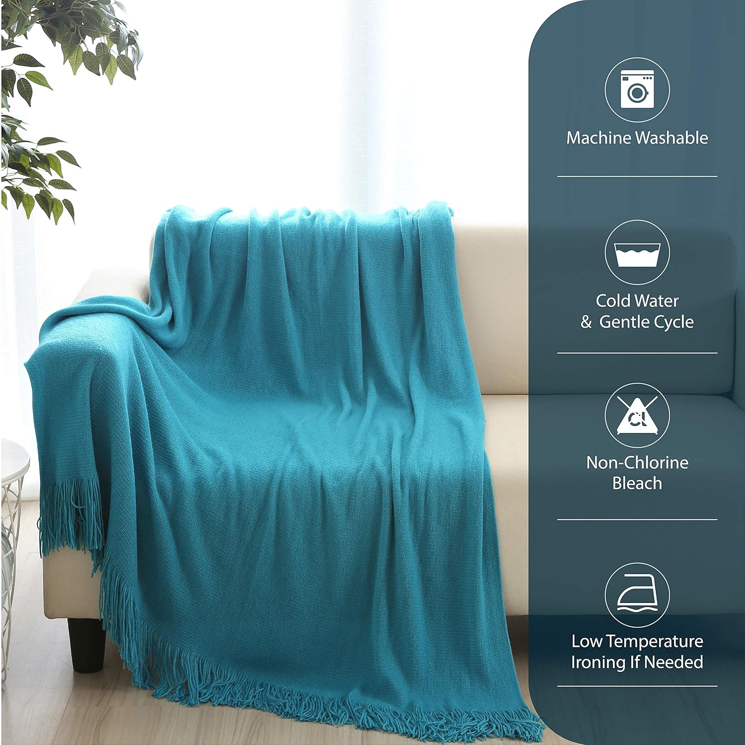 ALPHA HOME Throw Blanket for Couch 50x60 Warm Acrylic Knit Durable Lightweight Bed Blanket Decorative Blanket Tassels with Solid Color Soft for All Seasons Valentine's Day Machine Washable Teal