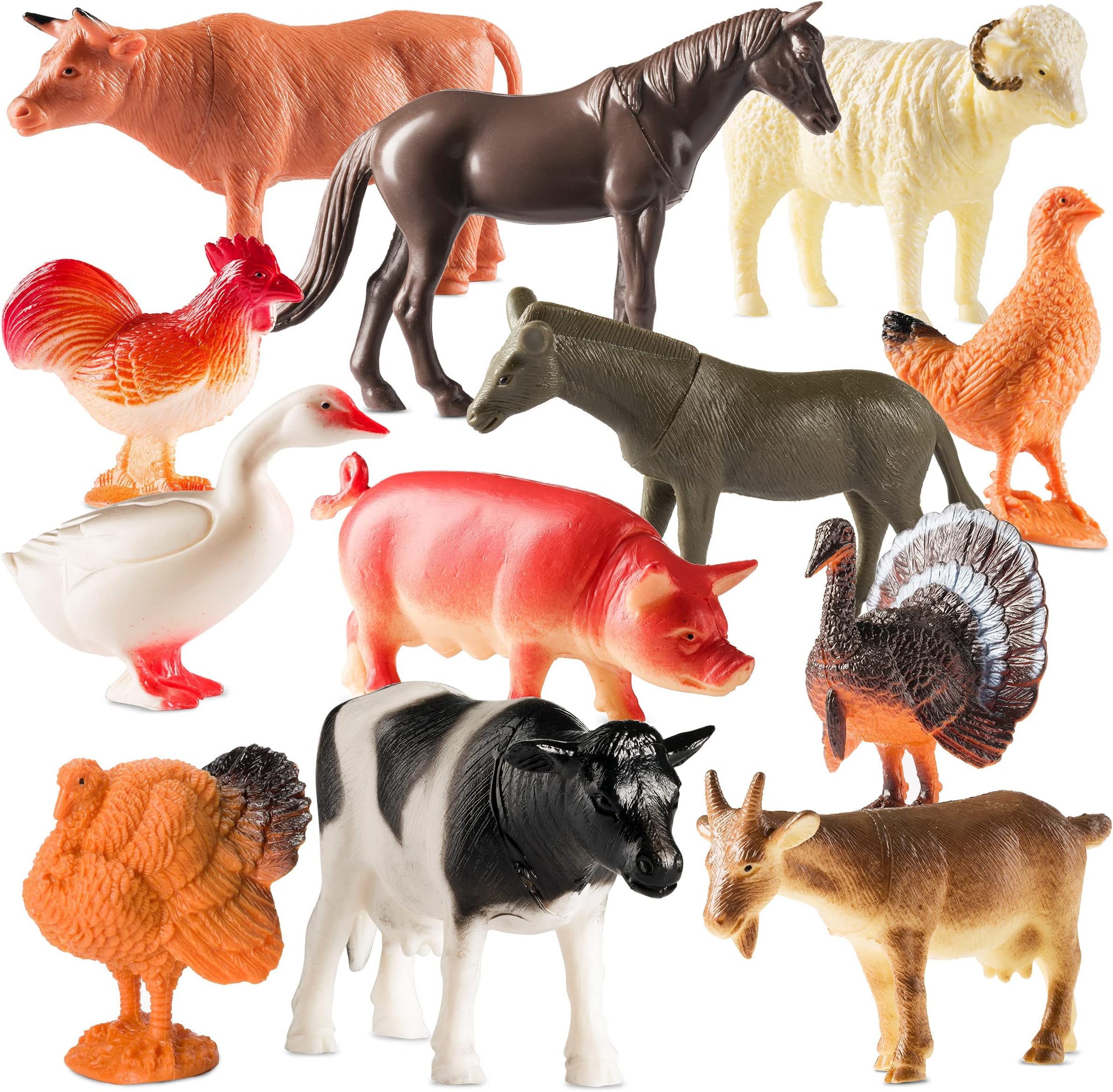 Farm Animal Toys - Pack of 12 - Plastic Farm Animals for Toddlers and Kids, Realistic 3-5 Inch Ranch / Barnyard Animal Toy Figures Styles Include Sheep, Horse, Goat, Duck, Chicken, Turkey, Cow, Pig