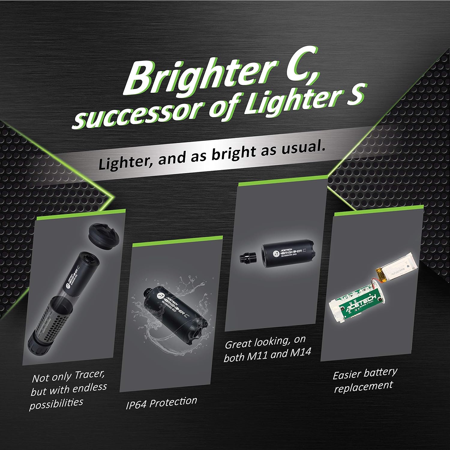 Diagram showing features of Brighter C including IP64 protection, easy battery replacement, and M11/M14 compatibility.