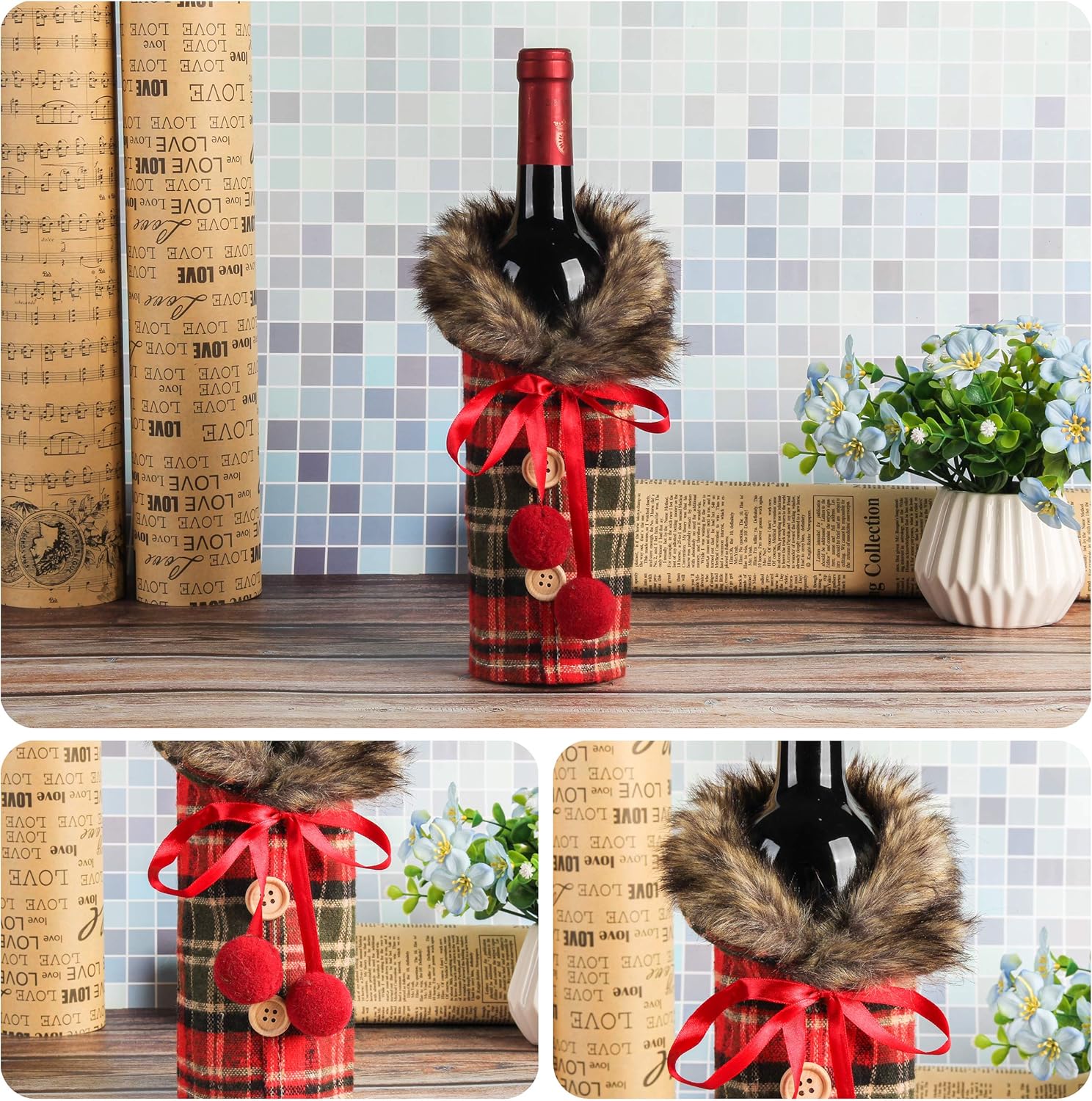 Tanlee 6 Pieces Christmas Sweater Plaid Wine Bottle Covers With Faux Fur Collar And Button Coat Design For Xmas Party Decorations
