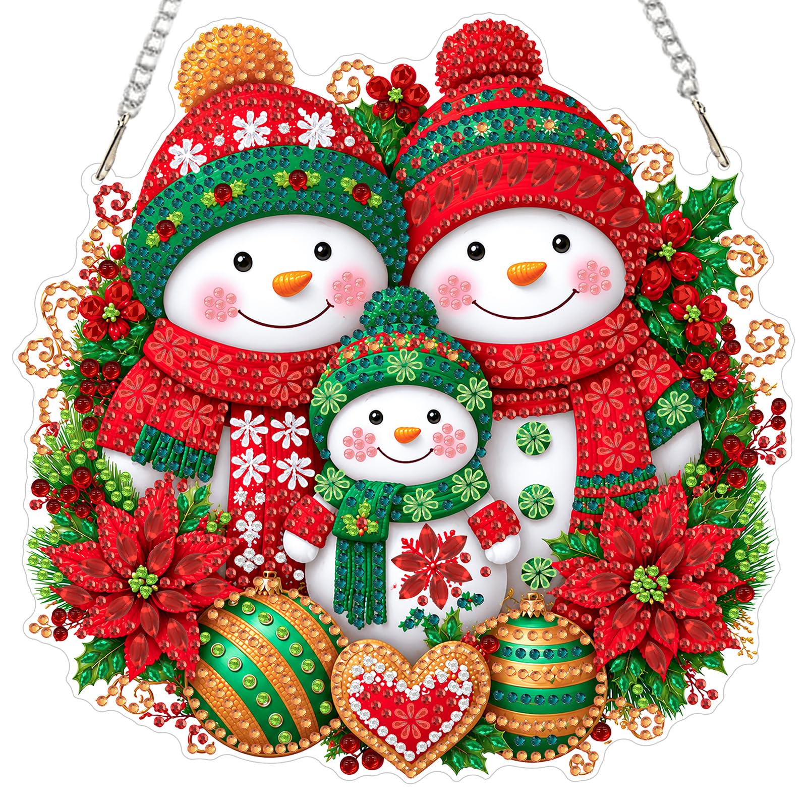 Christmas Snowman Diamond Painting Kits for Adults with Chain, DIY Diamond Art Ornament Hanging Pendant for Beginners, Special Shaped Crystal Gem Art Gift for Windows Door Wall Decor, Snowman Family