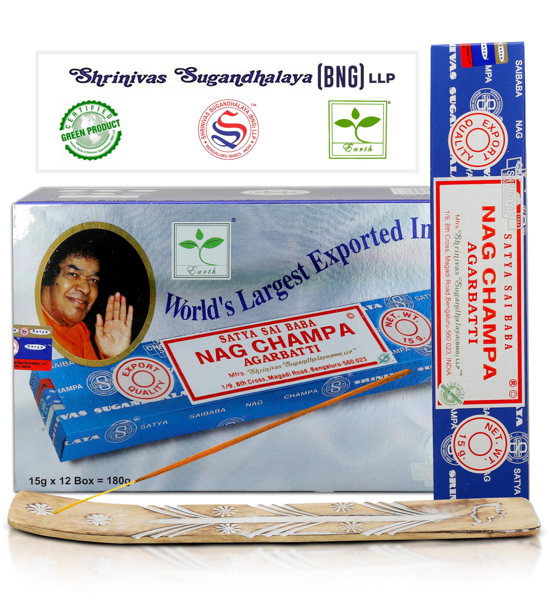 Satya Nagchampa Incense Sticks, Satya Bng (Bangalore) Insenses 15gmx12 Pack with Raajsee Incense Holder Bundle, Satya Nagchampa Natural Incense