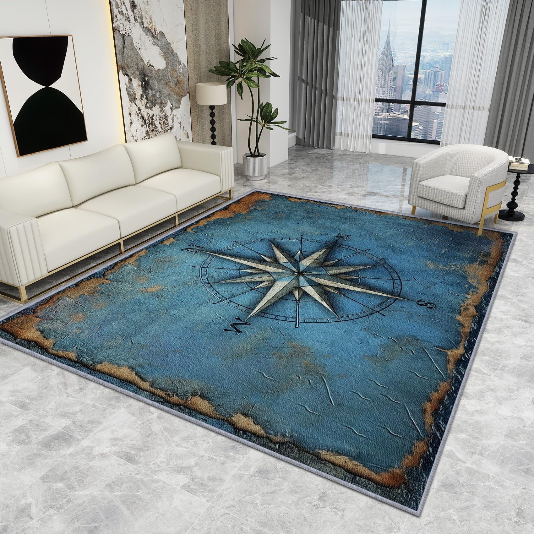 Large Nautical Rug - Nautical Rug - Vintage Compass Ocean Coastal Rugs, Rustic Sailing Blue Carpet, Washable Rug Non Slip Low Pile Soft Large Area Rugs, Nautical Home Decor Gifts, 100 X 150 cm