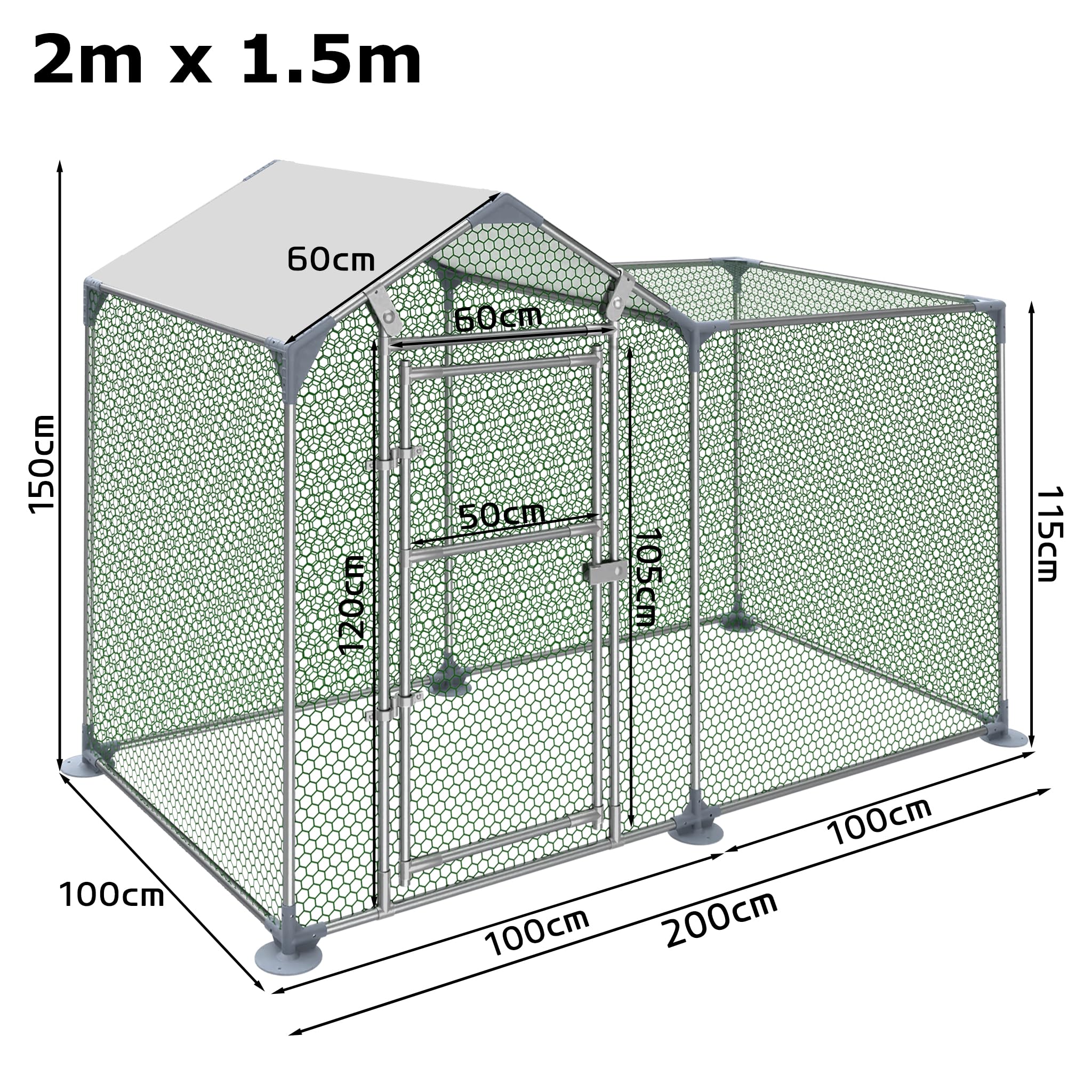 FIVMEN Freilaufgehege Kaninchen 2x1 m Hühnerstall Metall mit Sonnenschutz Dach,Tür & Riegel Stabil Hühnerhaus Freigehege Kleintiergehege für Hühner, Ente & Kleintiere