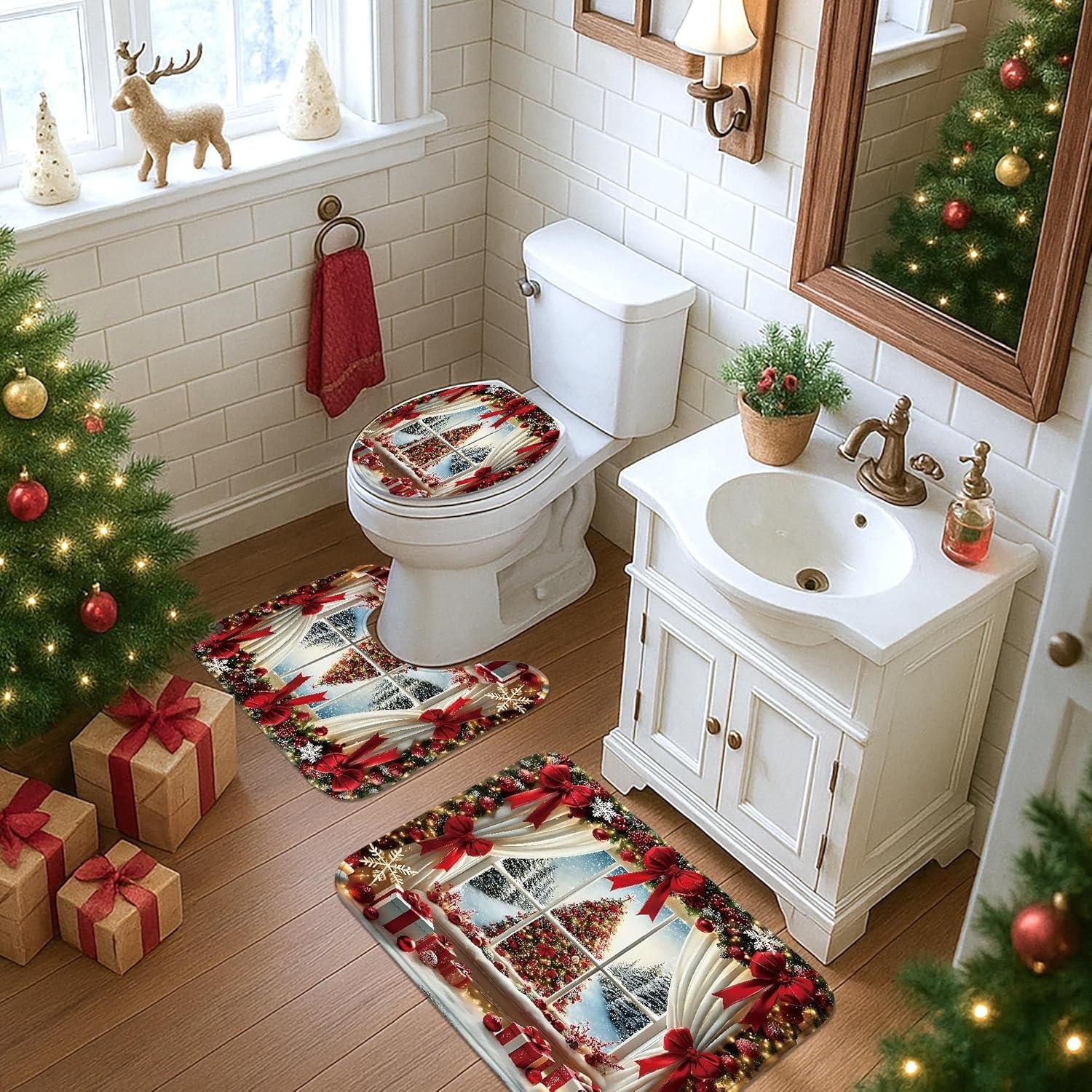 4pcs Christmas Shower Curtain Set, Red Bow and Christmas Tree Bath Mat Rugs Accessories for Bathroom Decor, Winter Festive Waterproof Fabric Shower Curtain Set with Hooks 72x72 Inch
