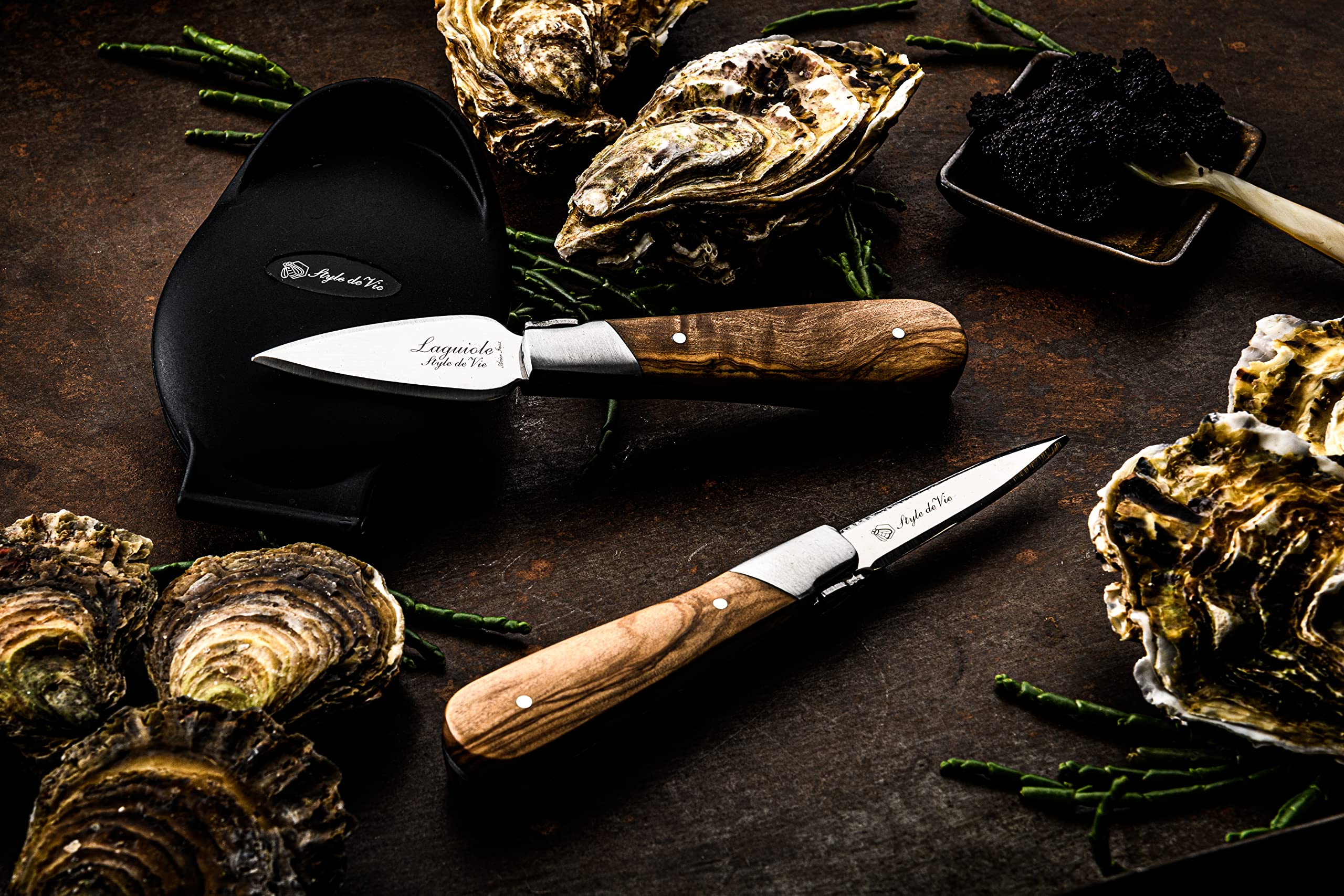 Laguiole Style de Vie Oyster set de regalo de madera de oliva con soporte de ostras de silicona