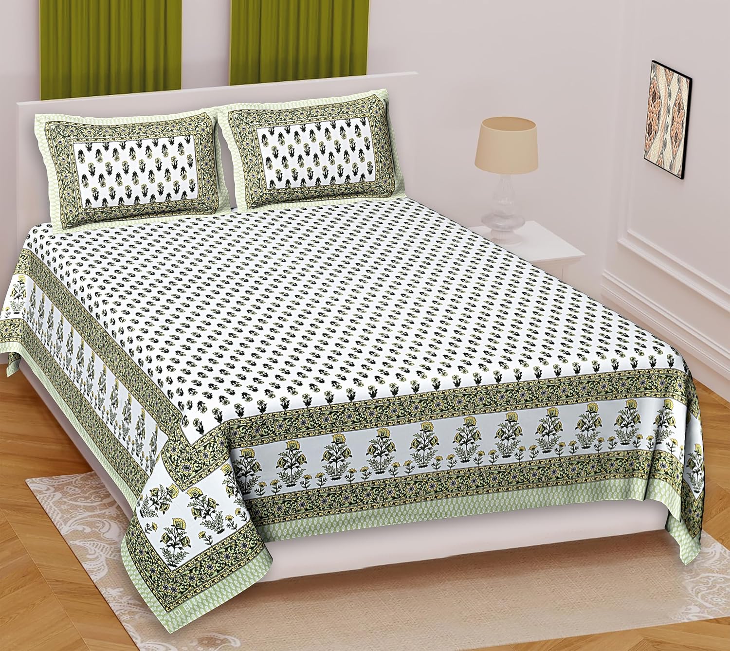 Marusthali Sanganeri Printed cotton bed sheets queen size Traditional Indian Flat sheet with 2 Pillow Cover Hand Block Printed Bedsheets Throw Bedspread 90 x 108 inches