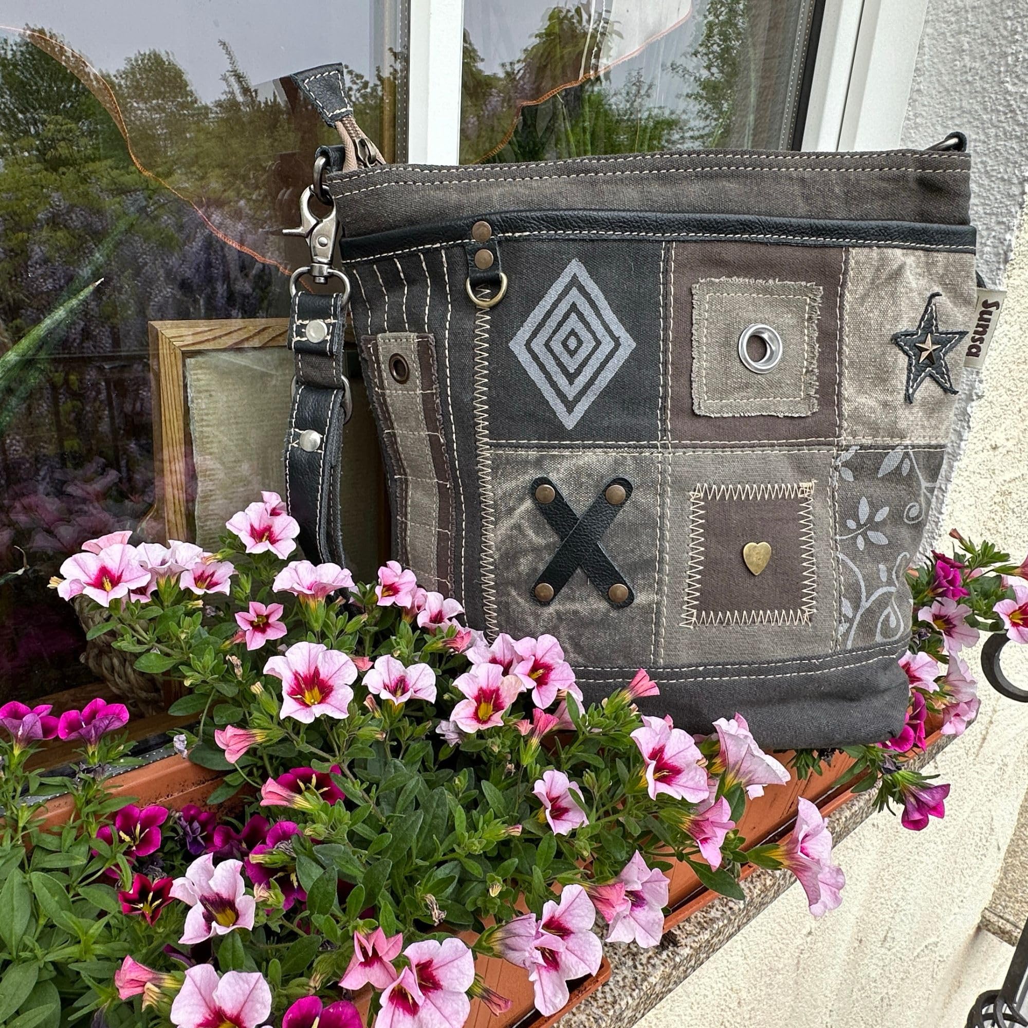 Sunsa Taschen Damen. Umhängetasche aus Canvas/Leinwand & Leder, khakigrün