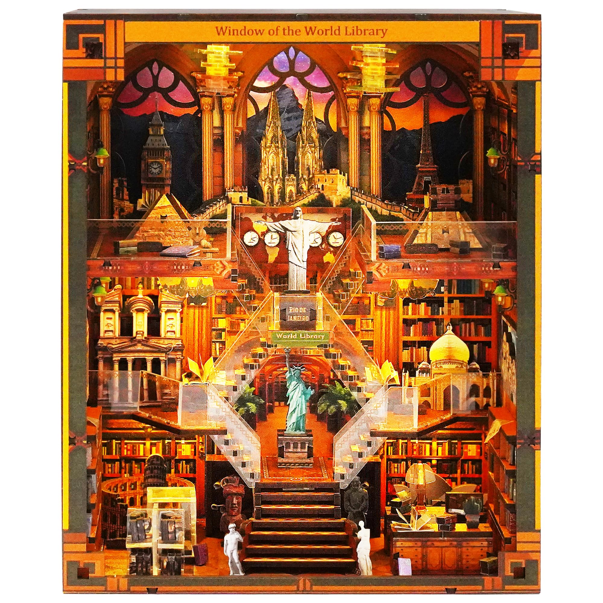 Book Nook Kits for Adults – The World Library Booknook – 3D Wooden Puzzle with LED Lights – Creative Bookshelf Insert & Educational Gift for Book