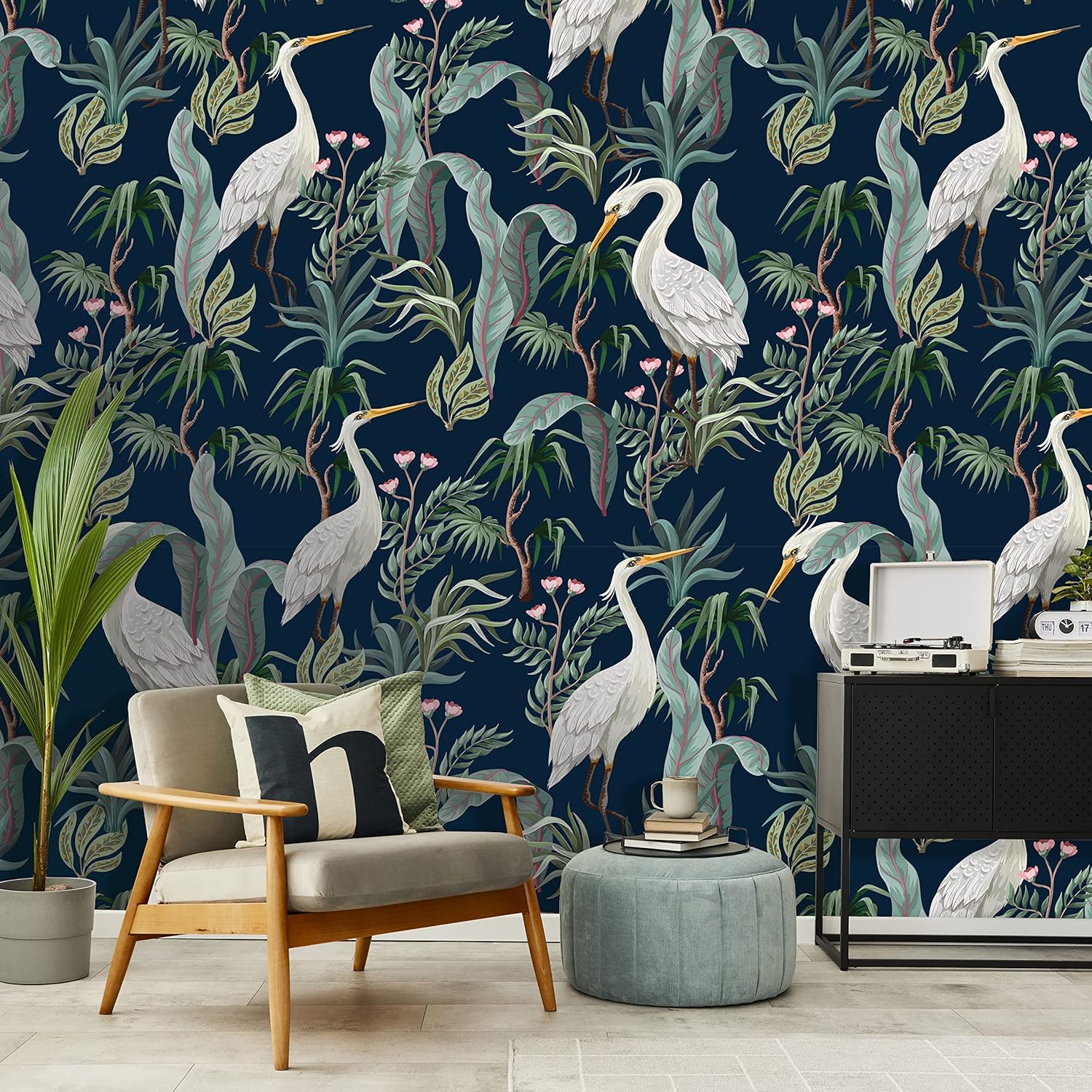 Chinoiserie Herons Peel and Stick Wallpaper | Removable Birds Mural | Self Adhesive Wallpaper (1 roll 24" W x 96" H)