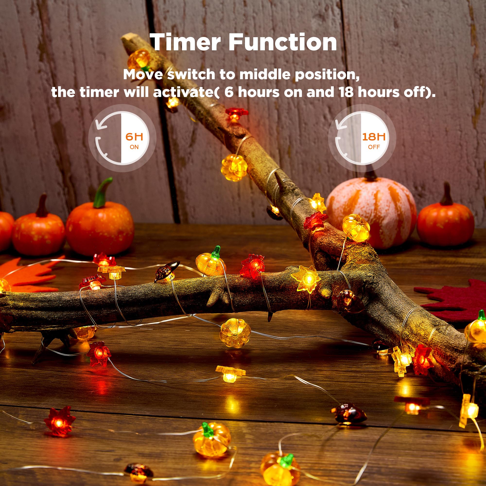 BlcTec Herbstdekorationen für Zuhause, 40 LEDs, Herbstlichterkette mit , 3D-Kürbisse und Ahornblättern, batteriebetriebene Lichterkette mit Timer für drinnen und draußen, Halloween