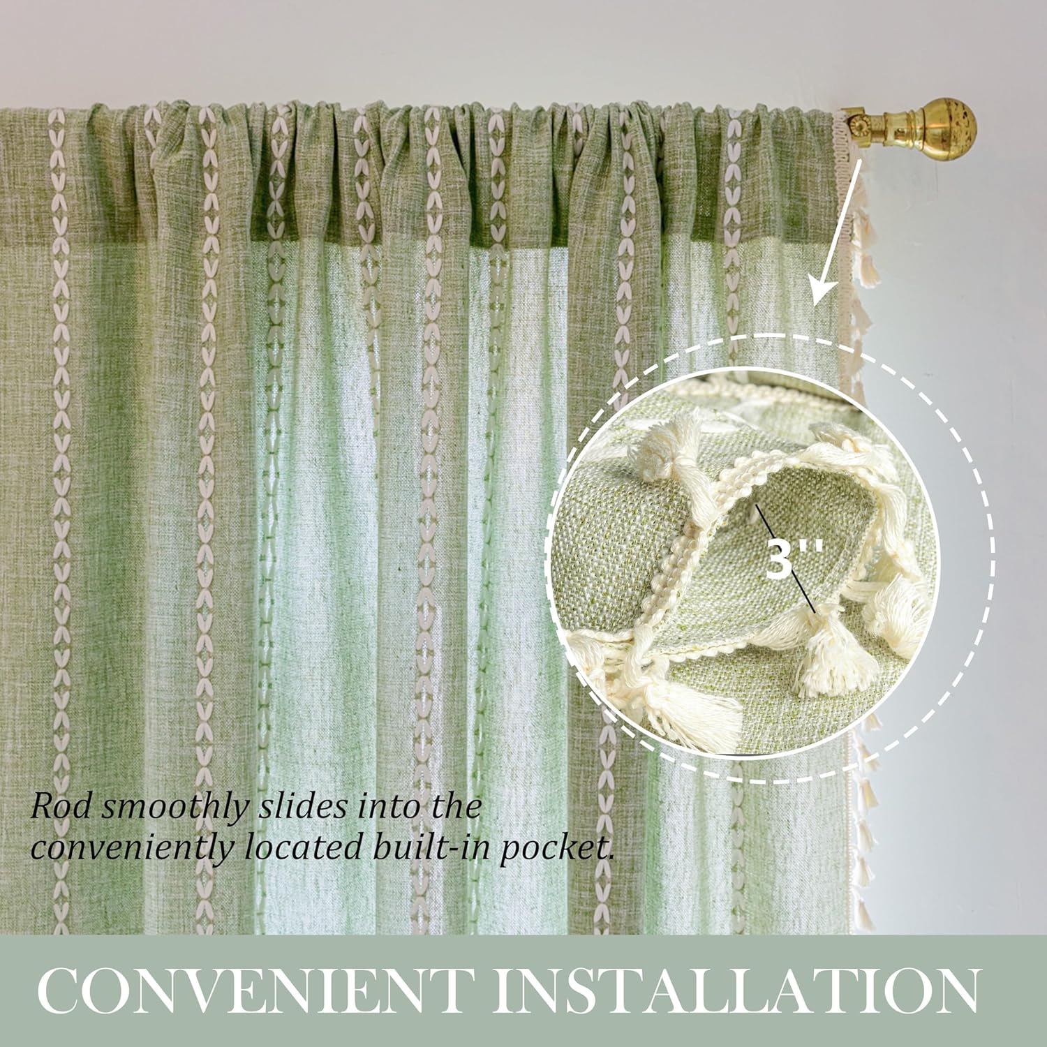 Sage Green Boho Farmhouse Curtains for Bedroom Living Room 96 Inch Long 2 Panels French Country Textured Curtain Striped Bohemian Farmhouse Window Treatment Draperies Vintage Tassels 96’’L x 55’’W