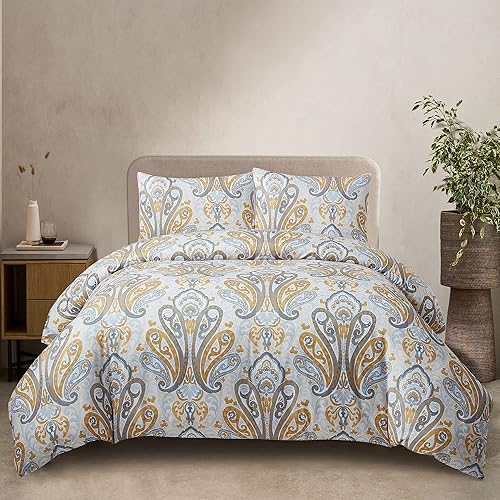 Style Quarters Duvet Cover Queen-Yellow Damask Queen Size Duvet Cover Set 3PCS Soft Breathable Boho Bedding Sets Includes 1 Duvet Cover and 2 Pillow