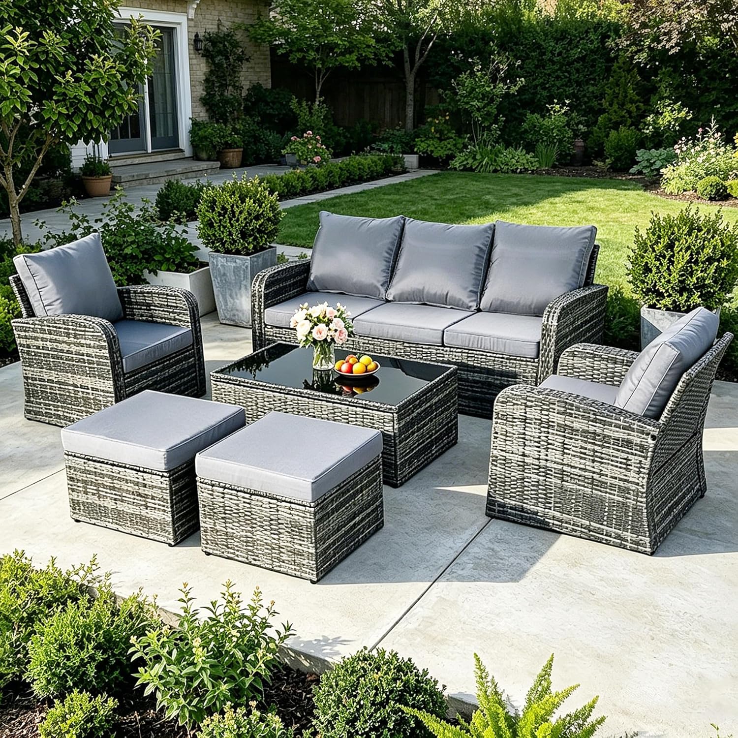 6-Piece Outdoor Patio Furniture Set, Wicker Sofa and Chairs with Cushions & Ottomans, PE Rattan All-Weather Conversation Set with Coffee Table, Comfortable Seating for Backyard, Poolside, Garden Grey