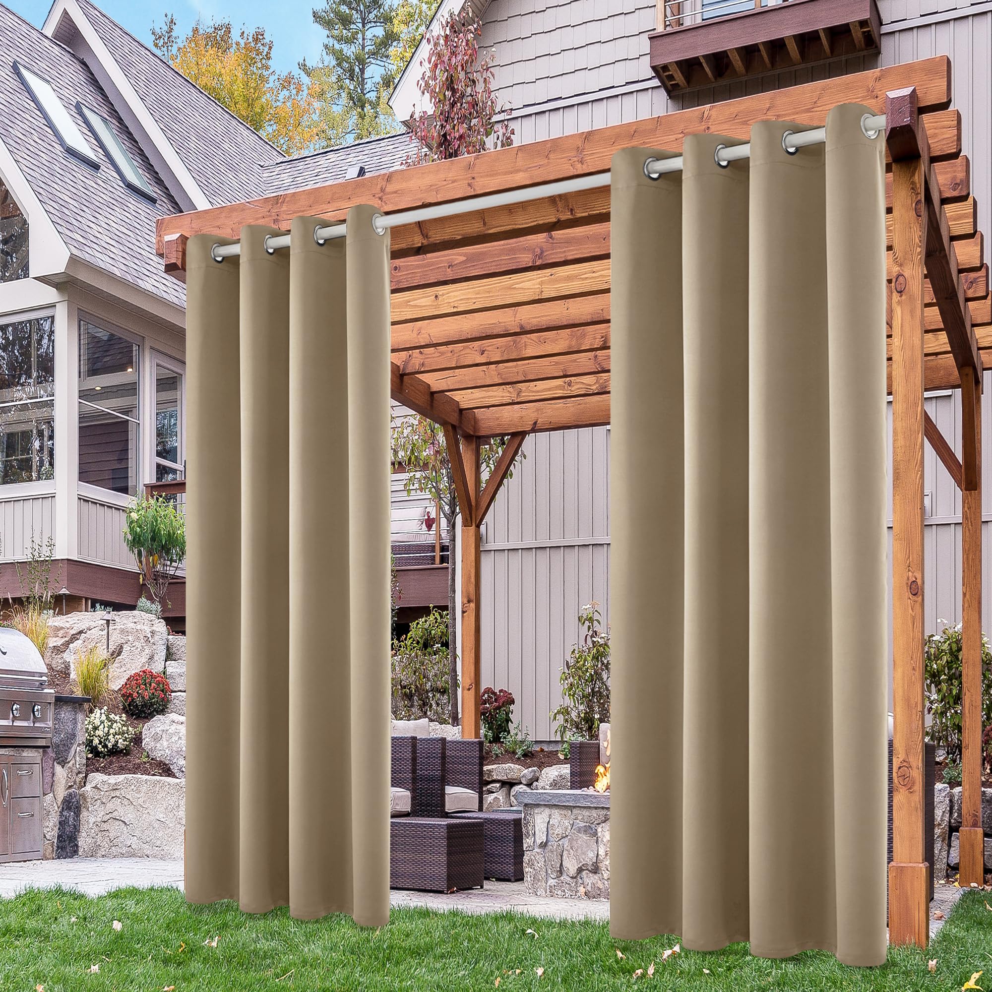 Deconovo Outdoor Vorhang Wetterfest Gardinen Terrassen Sichtschutz Outdoorvorhänge Wasserdicht Blickdicht Sonnenschutz Vorhänge für Balkon Pavillon, 214x132 cm(HöhexBreite), Taupe, 2er Set