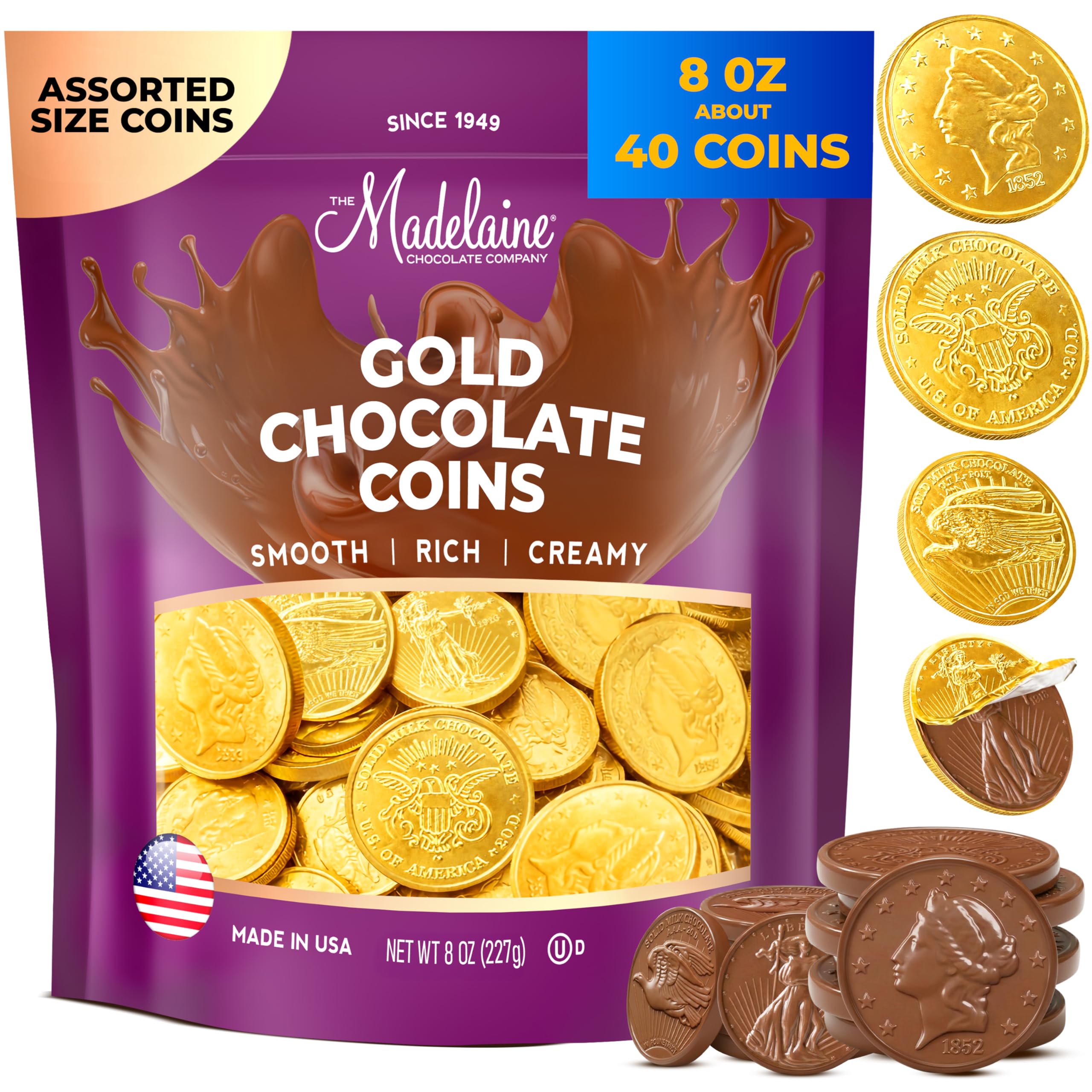 THE MADELAINE CHOCOLATE COMPANY Premium Milk Gold Coins (Assorted Sizes, 1/2 LB)