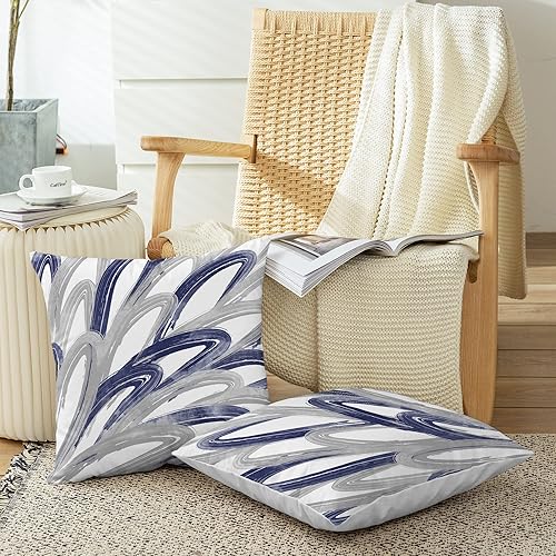 Miniatura 3 de CaliTime Juego de 2 fundas de almohada decorativas de vellón de dos tonos con plumas abstractas para sofá, cama, decoración de casa rural, 20 x 20