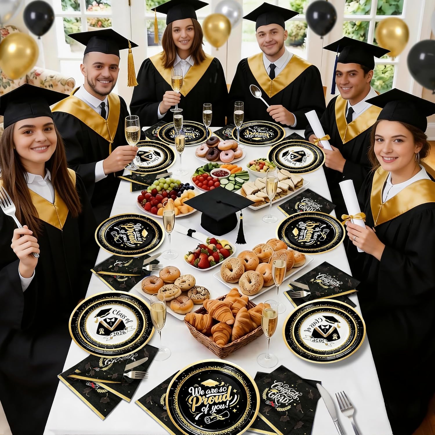 2026 Graduation Party Supplies for 50 Guests Black Gold - 150 Pcs Thickened Disposable Plates, Dessert Plates, Napkins Dinnerware Set,Elegant 2026 Grad Party Supplies