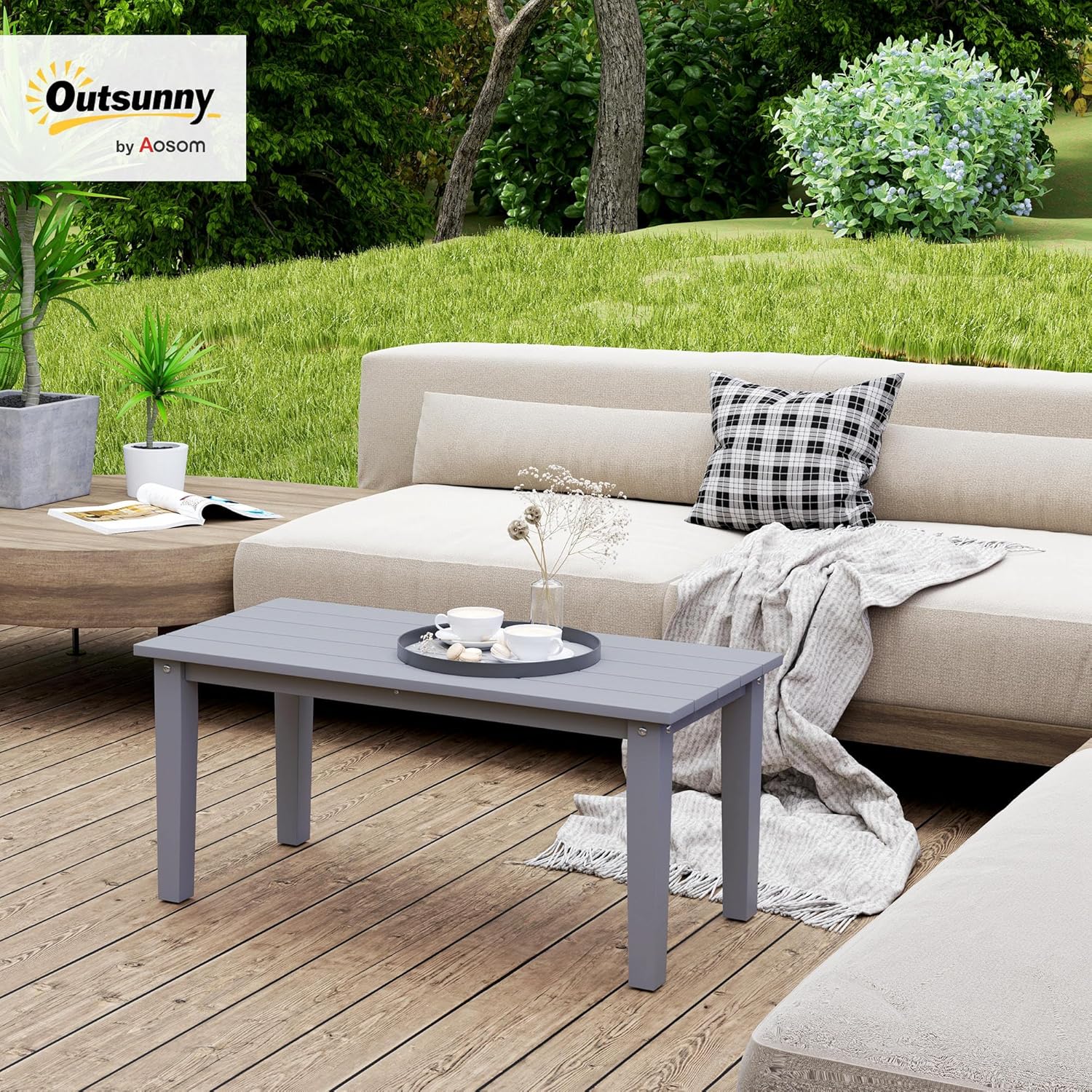 Outsunny HDPE Outdoor Coffee Table, All-Weather Rectangle Patio Coffee Table, Plastic Outdoor Patio Table with Slatted Tabletop for Garden, Balcony, Backyard, Gray