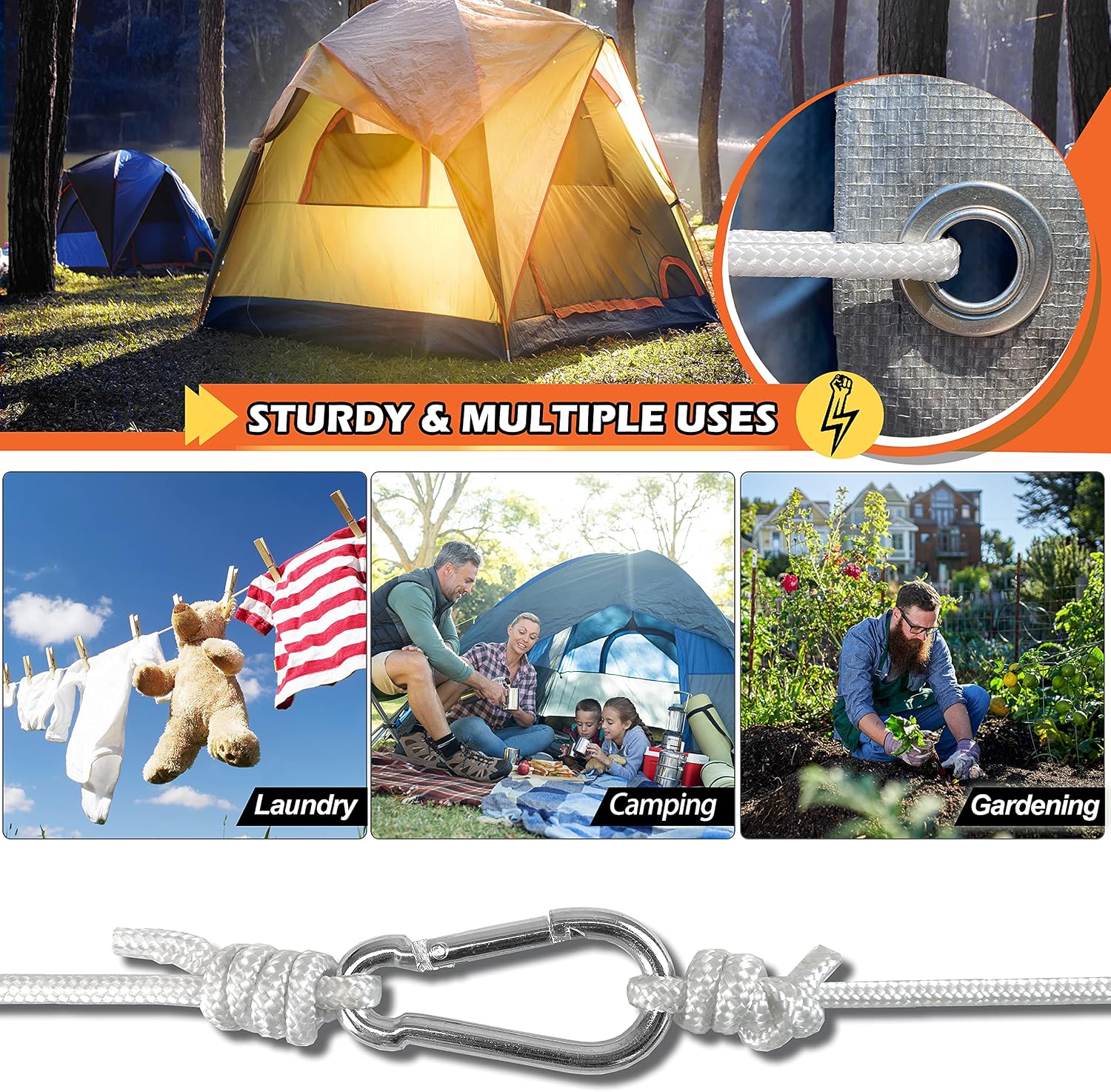 Wellmax Diamond Braided Polypropylene Rope with UV Treatment and Weather Resistant, 4 Pack 3/16 inch x 50ft White and 8 Bonus Spring Links