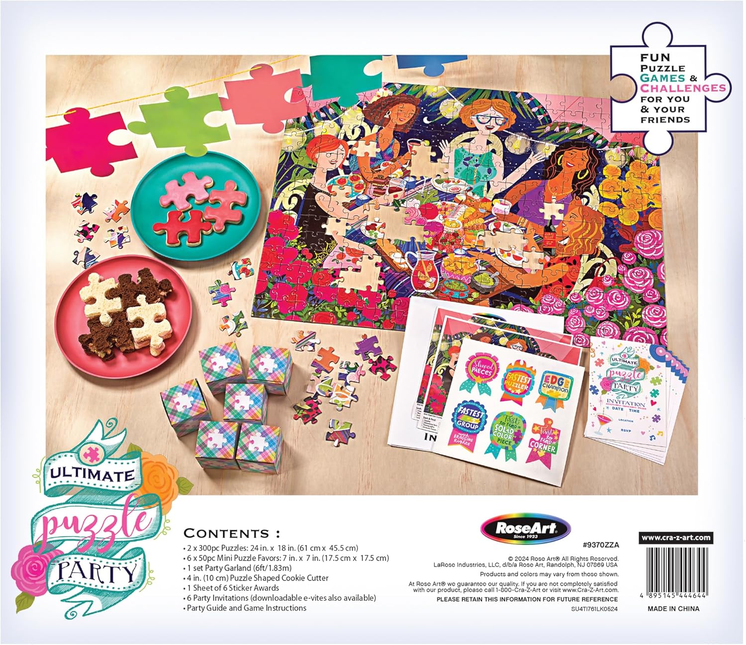 RoseArt Ultimate Puzzle Party - Game Night in A Box Complete with (2) 300pc Jigsaw Puzzles, Party Favors, Garland, Award Stickers, Fun for All Game Night, Galentine's Day Gift