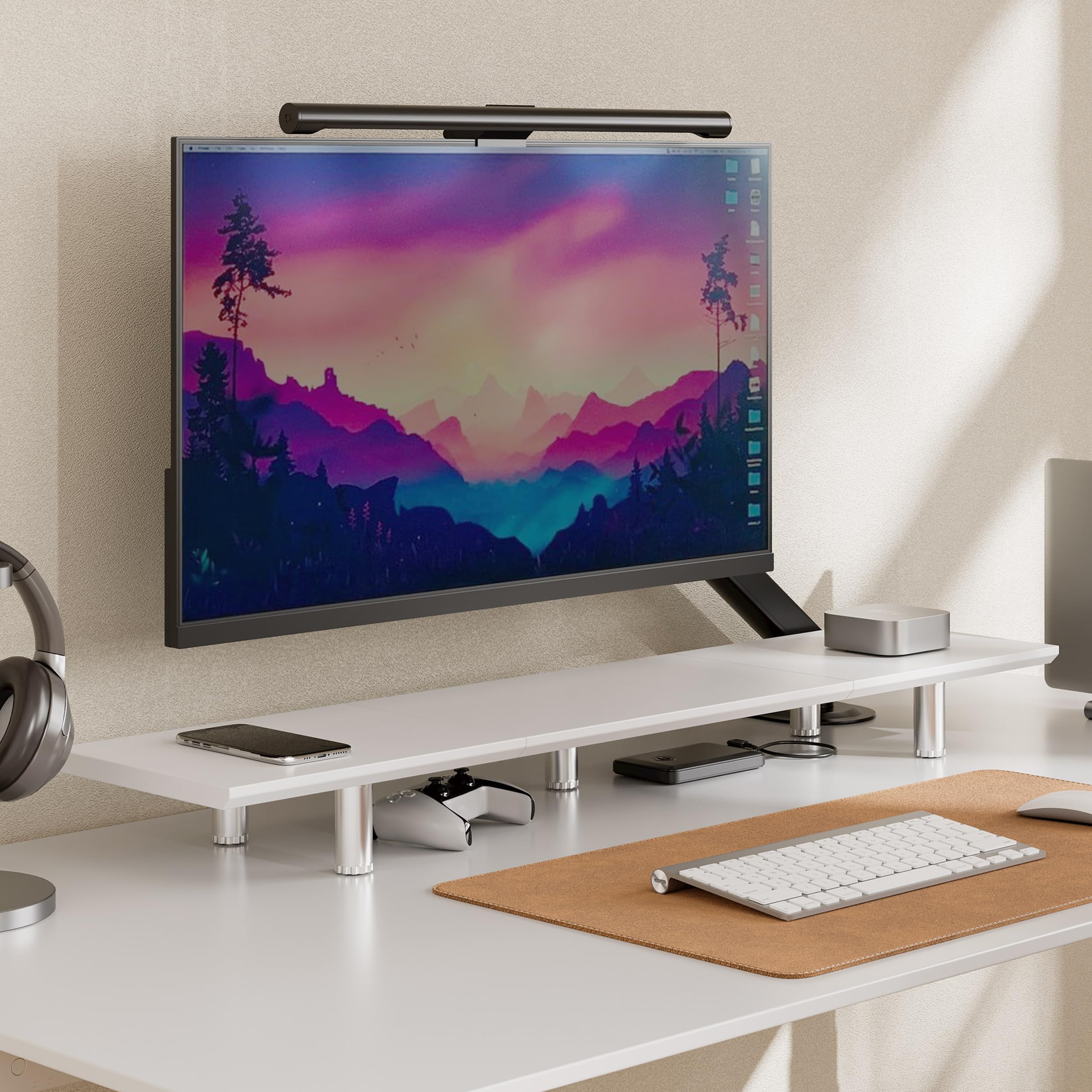 Fenge Monitorständer, 100cm, Höhenverstellbar, Laptop PC TV, Weiß | 2 Geräte, Bis 45kg, 5 Metallfüße, Rutschfeste Füße, Für Bildschirm Computer Drucker Schreibtisch Büro Zuhause, Organizer