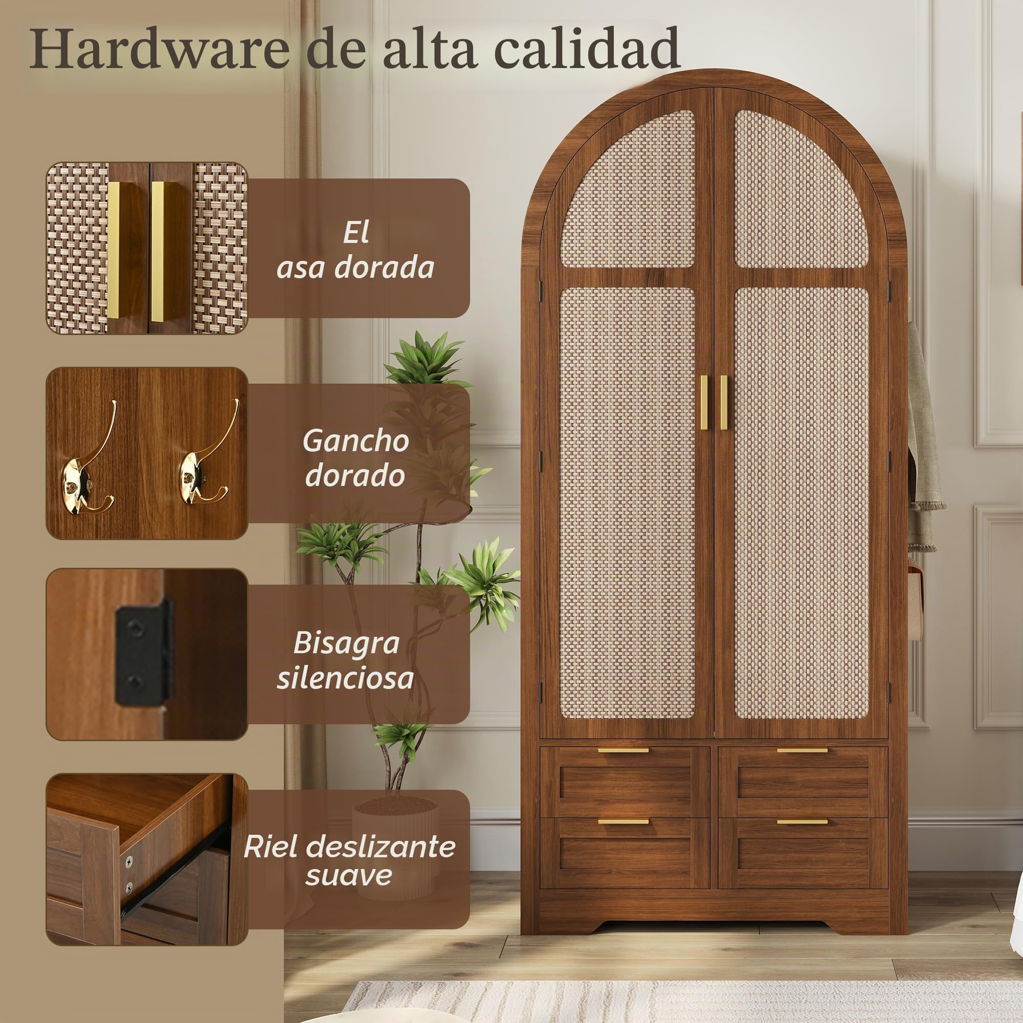 Azkoeesy Armario moderno con forma de arco, puertas con aspecto de ratán, 4 cajones, tiradores dorados, 80x50x179 cm, para dormitorio y pasillo (Nogal)
