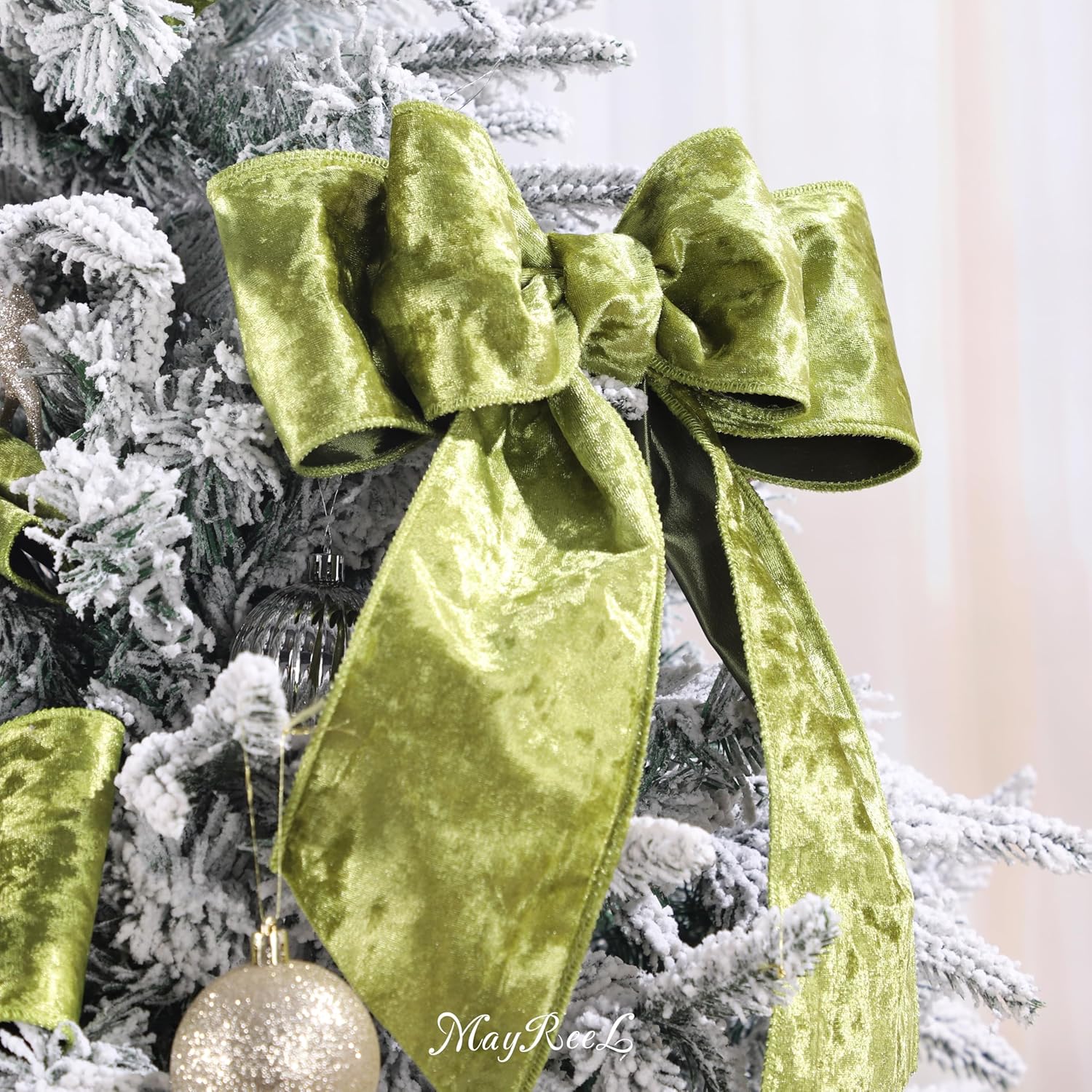 MAYREEL 4 Inch Moss Green Crushed Velvet Ribbon Wired Extra Wide for Christmas Decorations Gift Wrapping Wreaths Tree Toppers 10 Yards