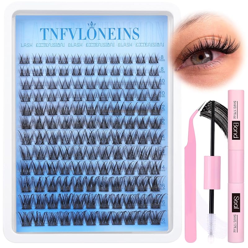 Kit de cílios postiços em tufos C Curl TNFVLONEINS de 8 a 16 mm com cola Bond and Seal e pinça