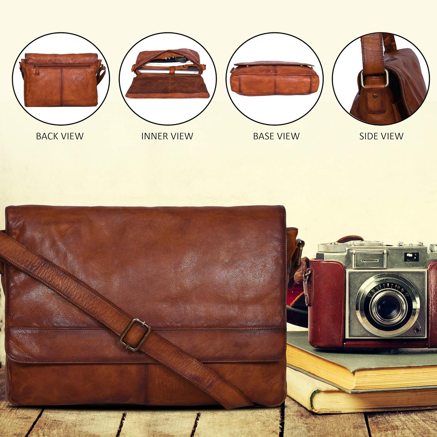 Ozora Genuine Leather Unisex Crossbody Messenger Bag with Adjustable Strap for 17 Inch Laptop, Travel, Office