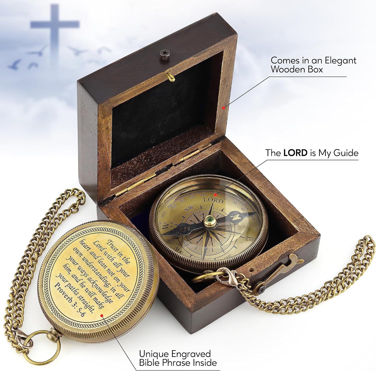 God is My Guide Brass Compass Gift with Display Box - Engraved Scripture Prayer Compass Religious Gift for Men & Women - Baptism, Confirmation, Communion Compass for Boys Graduation Gift - Image 2