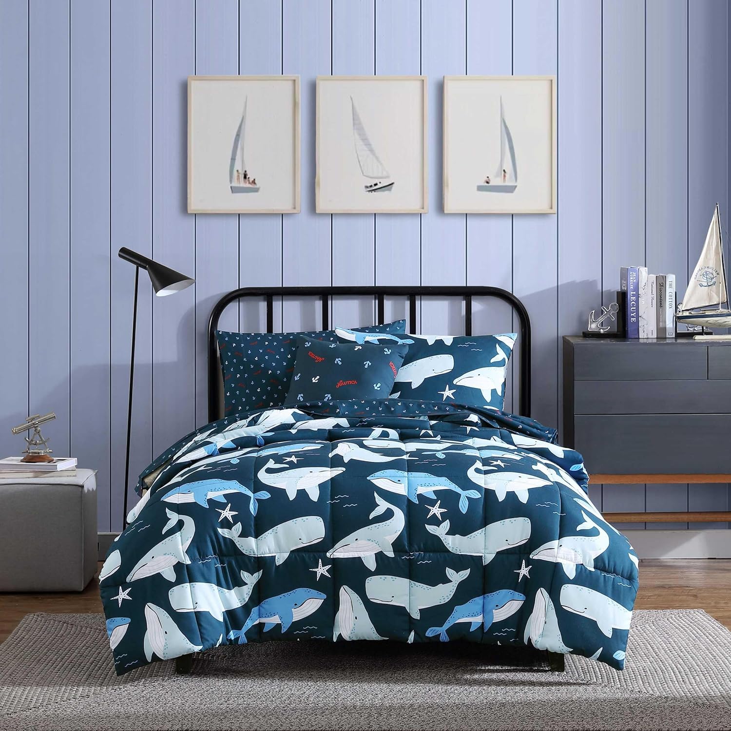Nautica Kids - Finnian Whales Navy Kids Comforter Set, Soft Bedding with Matching Shams & Throw Pillow, 4-Piece, Navy, Full/Queen