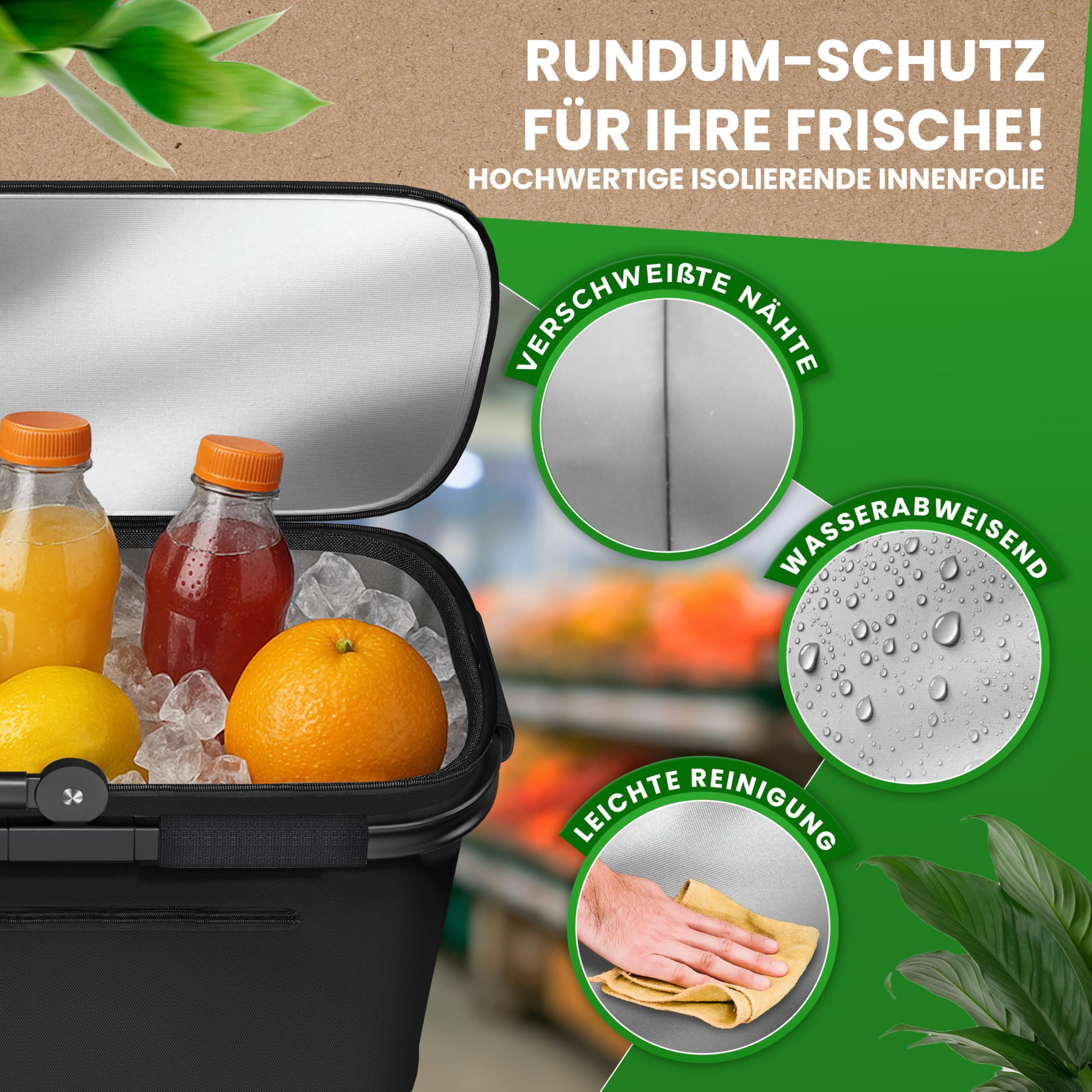 Cottara® Thermo Einkaufskorb Kühltasche groß | isolierter Einkaufskorb mit Deckel, verstärktem Boden, Frontfach mit Reißverschluss | Ideal als Kühlkorb oder Picknick Korb (Schwarz)
