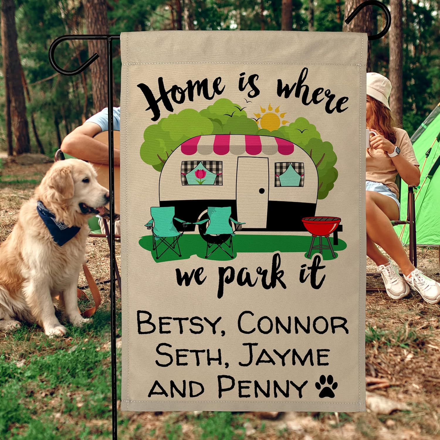 Home is Where We Park It Personalized Campsite Sign Garden Flag, Customize Your Way, Printed on Tan Fabric (Black and Pink Camper)