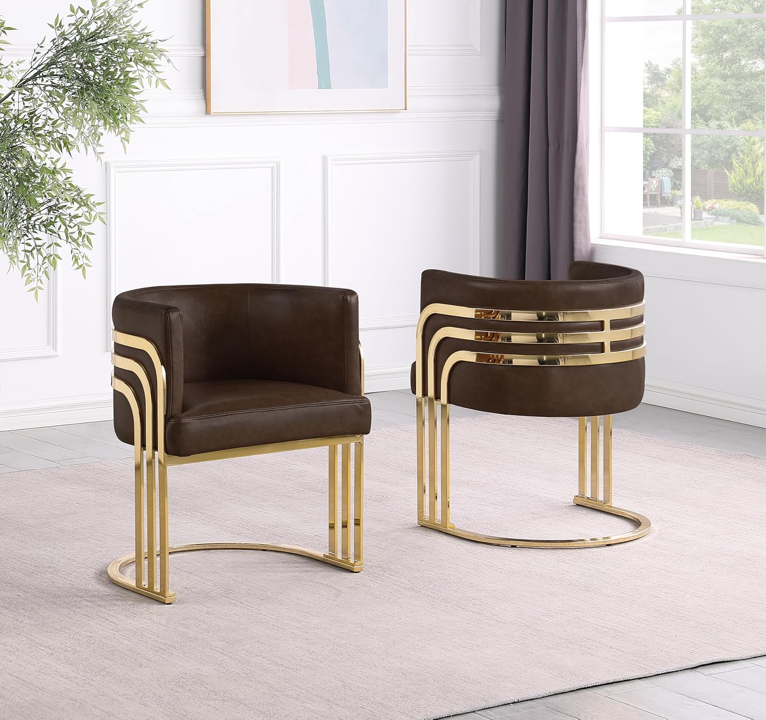 Leath-Aire Fabric Barrel Accent Chair Set of 2, Modern Upholstered Armchairs with Chrome Metal Base, Gold Frame, Available in Mocha, Toffee, or Espresso