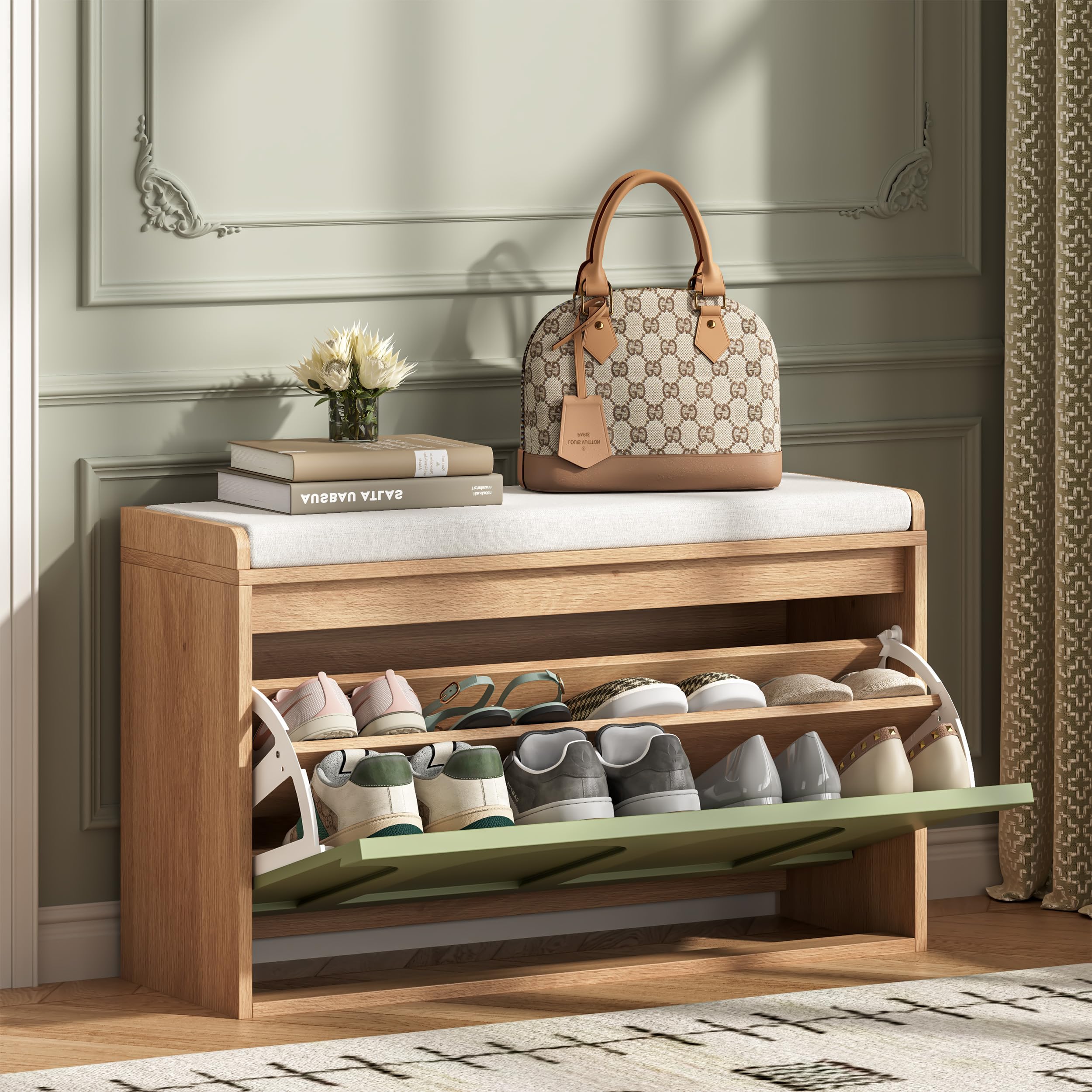 UEV Modern Sage Green Arch Panel Shoe Storage Bench, Hallway Entryway Seat