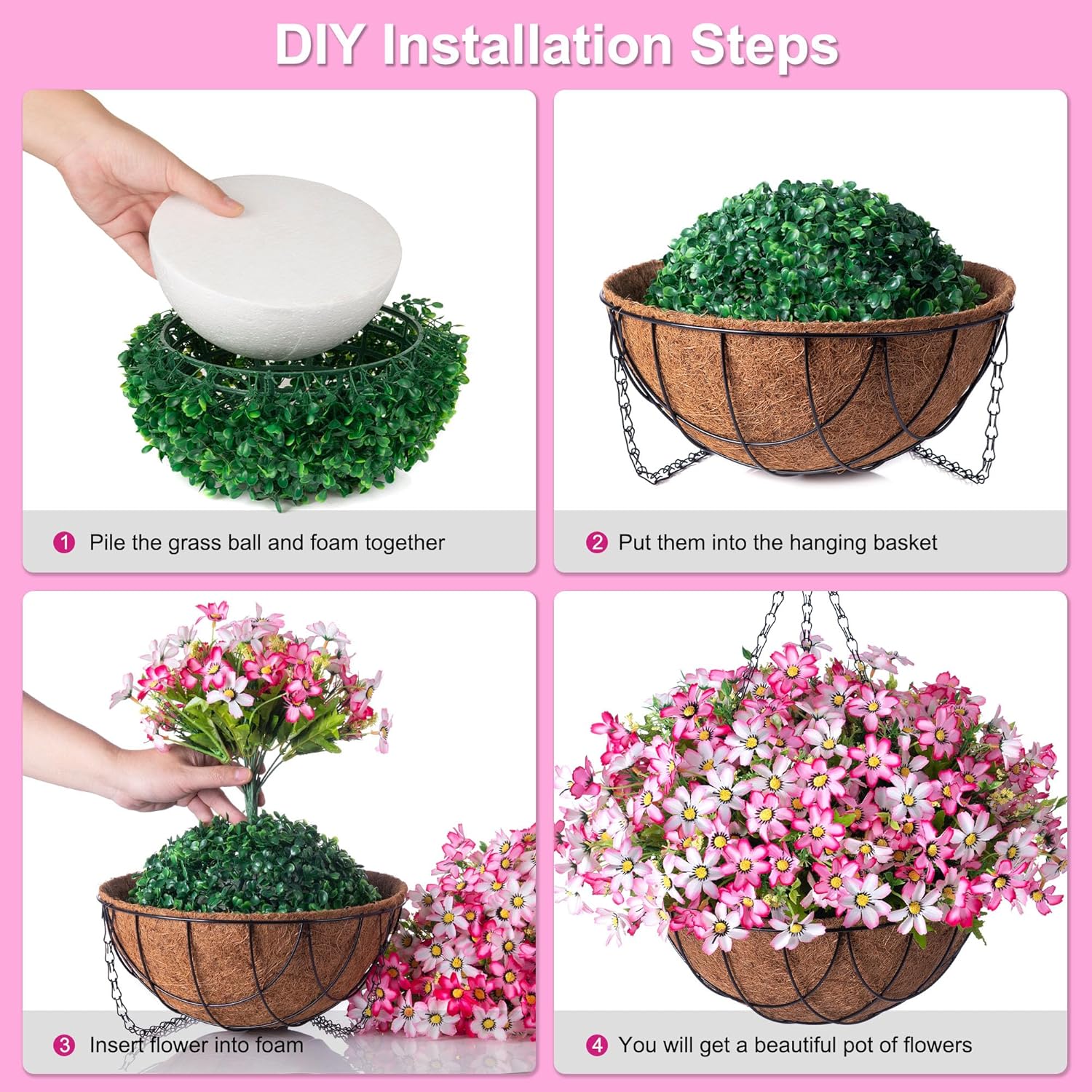 INXUGAO Artificial Silk Flowers Hanging Baskets Outdoors Indoors,Chrysanthemum with Eucalyptus Leaves Arrangement for Garden Yard Spring Summer Decor,Faux Plant in Metal Coconut Lining Flowerpot(Pink)