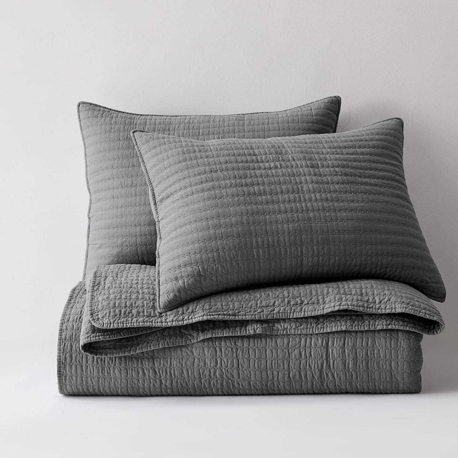 WDCOZY 100% Cotton Twin Size Quilt Set - Grey Striped Pick Stitch Soft Lightweight Bedspread, Textured Like Linen, Farmhouse Country Rustic Coverlet, Shabby Chic Gauze Bedding, 2 Pieces - Image 8