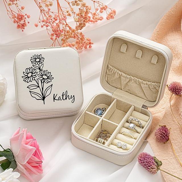 KENON Custom Birth Month Flower Jewelry Box, Personalized Jewelry Box, Travel Jewelry Organizer Case, Bridal Party Gifts, Bridesmaid Proposal Wedding Gifts