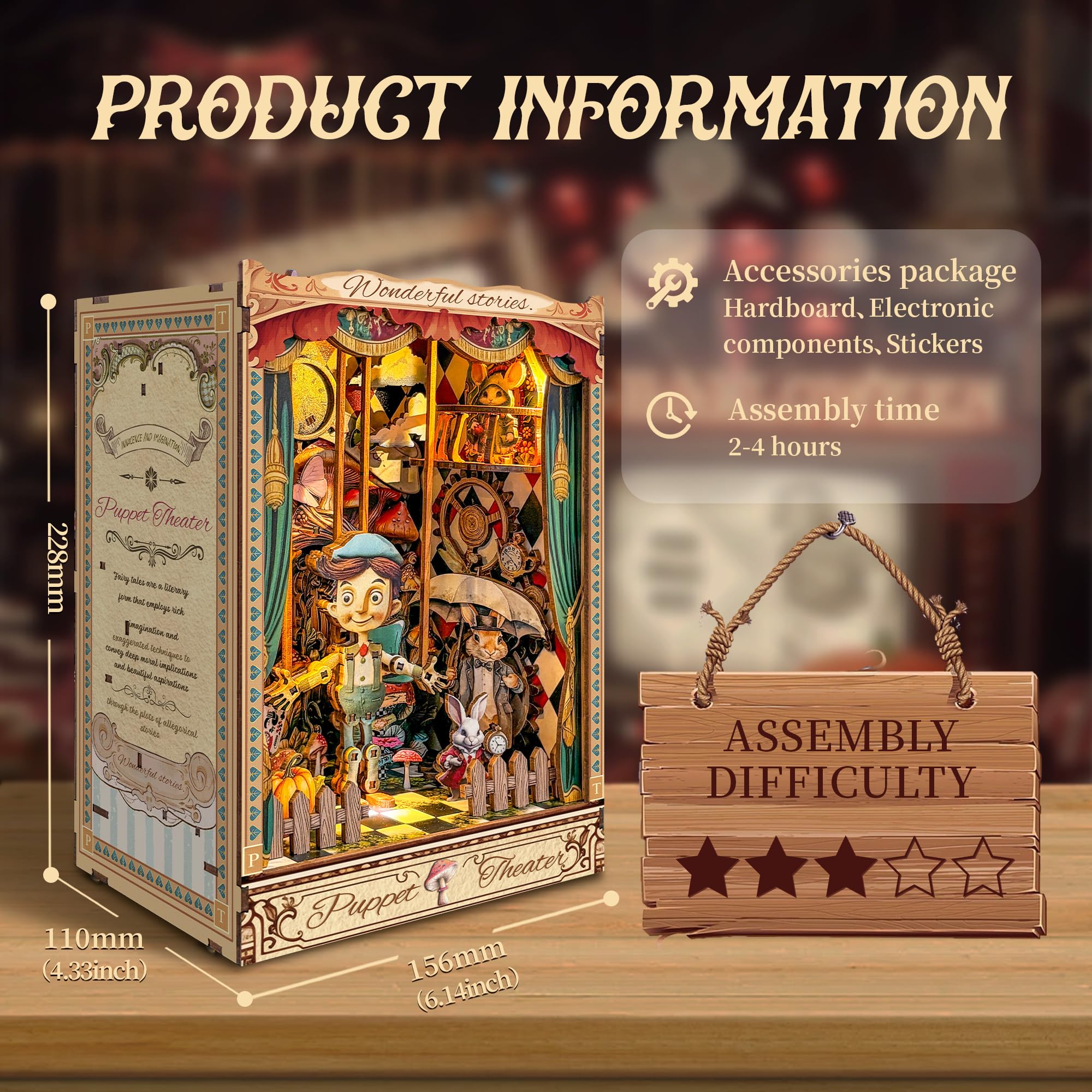 Erwachsenen Book Nook Kit, DIY Mini Puppenhaus Bücherecke Kit mit LED-Licht und Staubschutz, Erwachsene 3D Holz Bücherregal Puzzle Bücherecke Einfüge Dekoratives Handwerk - Puppentheater (SQ