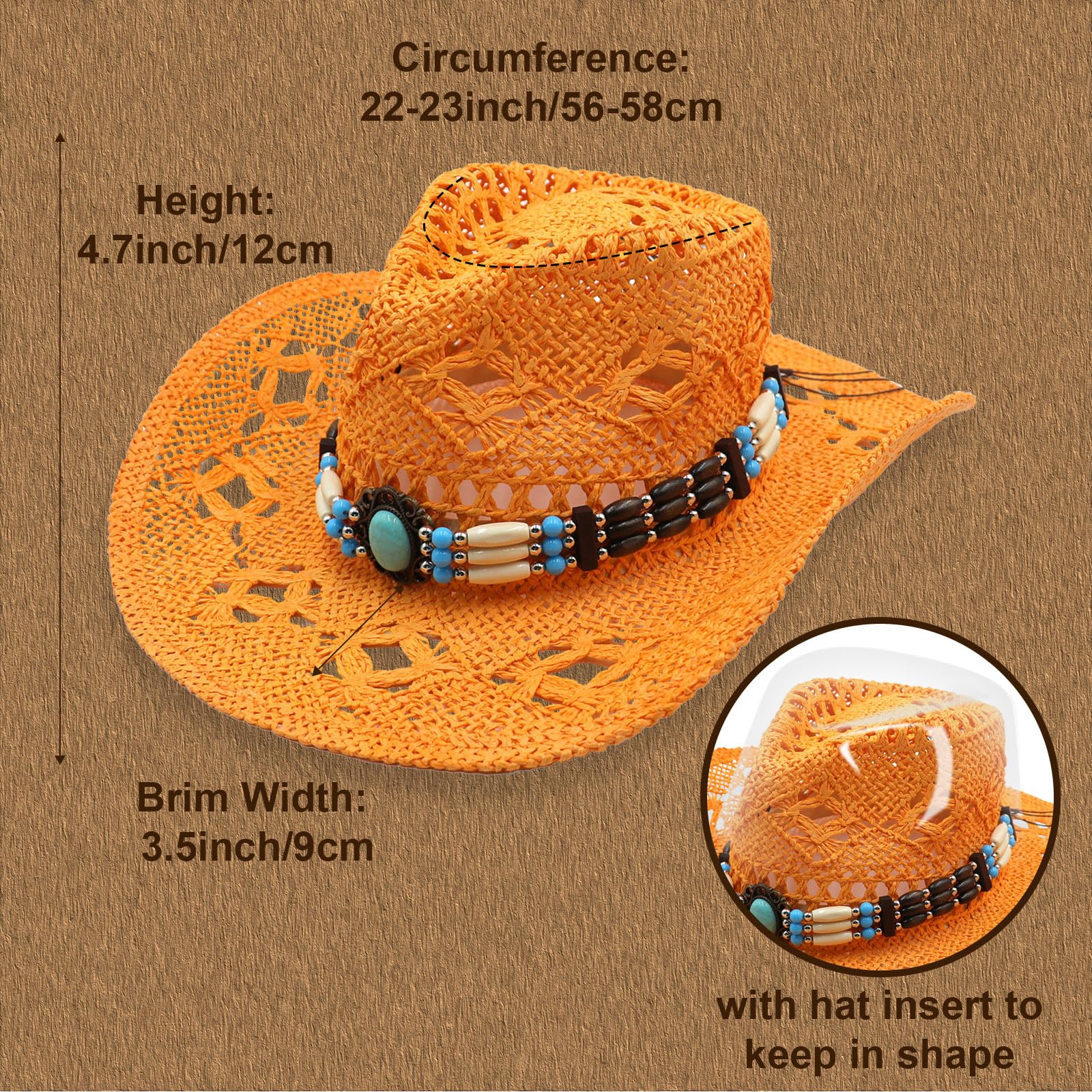 Lifup Cappello da Cowboy in Paglia con 4 Pezzi Cintura, Tesa Larga Anti-UV Cappello da Cowgirl Leggera per Donna Uomo