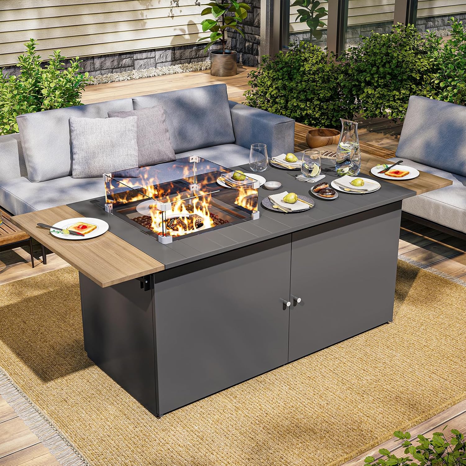 64'' Propane Fire Pit Table, Outdoor Firepit Table with Glass Wind Gudard and Glass Beads, Add Warmth and Ambience to Parties On Patio, 55000 BTU Firepit Tables for Indoor/Outside Use